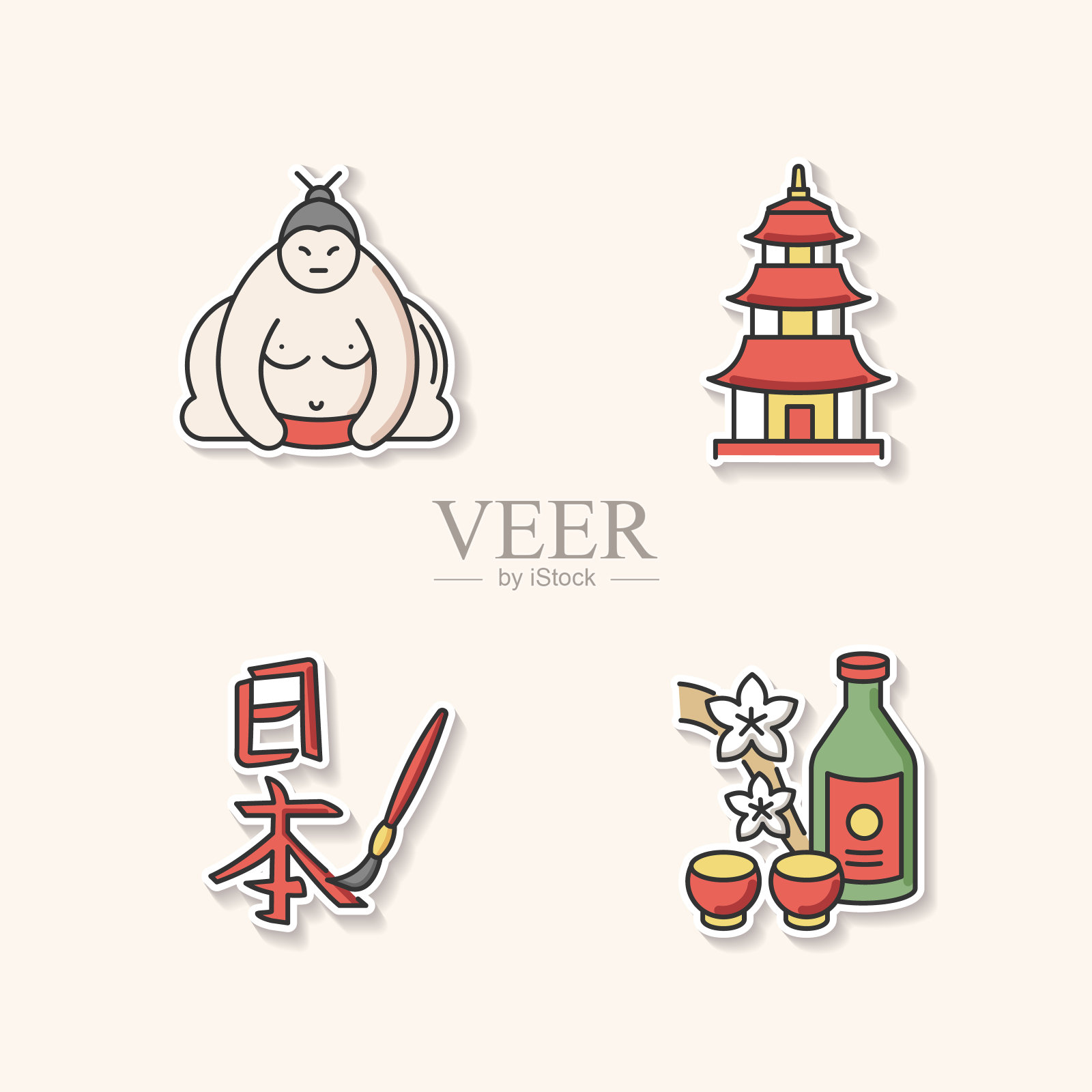 日本可印刷补丁。相扑战斗机。日本之神道教神殿。亚洲书法。清酒，酒精饮料。日本传统属性RGB彩色贴纸、别针和徽章套装。矢量孤立的插图。插画图片素材