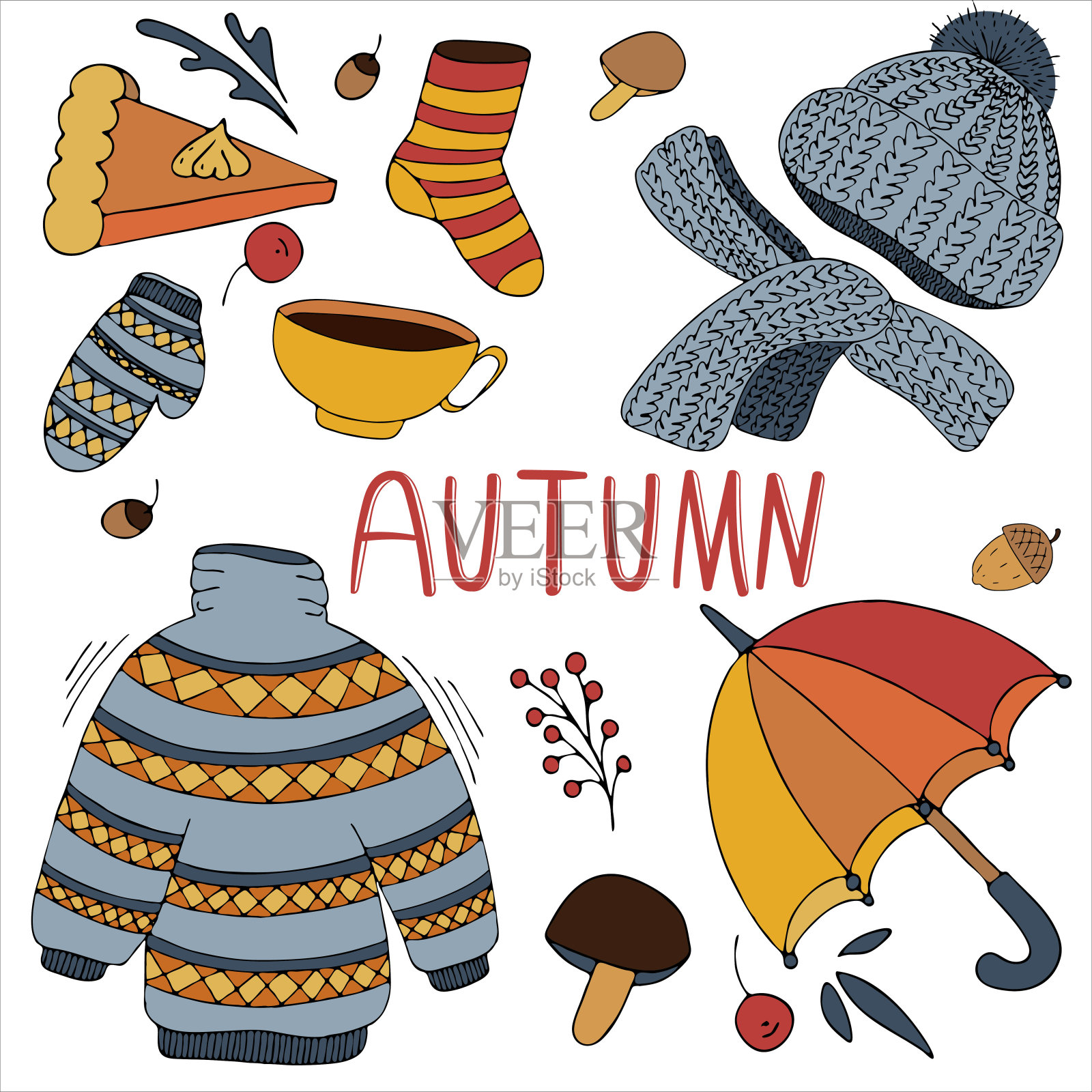 温暖舒适的秋季项目-衣服，伞，茶，派，蘑菇，矢量集元素，彩色涂鸦插画图片素材