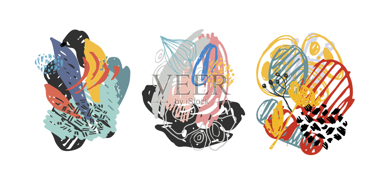 抽象手绘涂鸦模板设计元素。抽象飞溅横幅集。图案背景艺术。插画图片素材