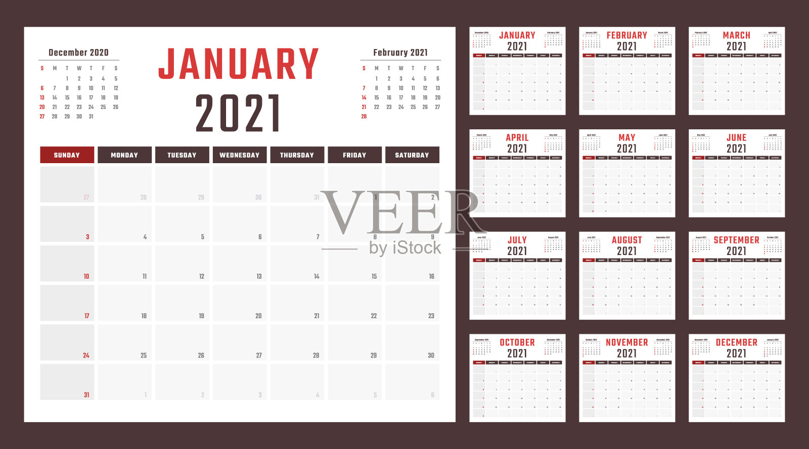 2021年日历周日开始，矢量日历设计2021年设计模板素材