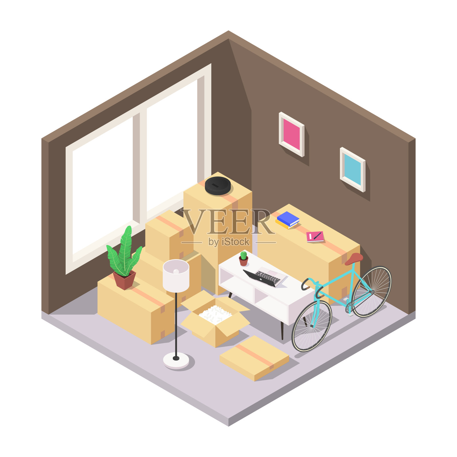 国内移动的概念。一套装有家具、家用电器和其他家居用品的装箱。插画图片素材