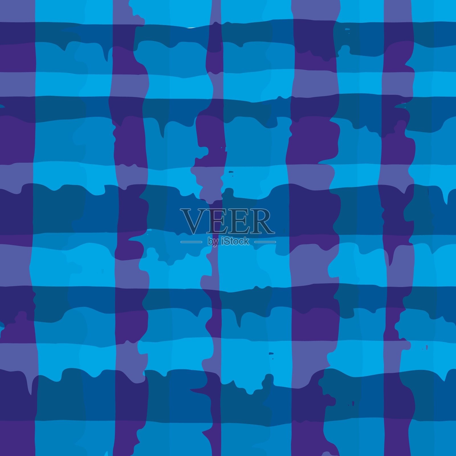 矢量极简格子无缝图案背景。有机水彩笔触效果蓝色背景。重复方格布现代格子风格。适用于包装、文具印刷插画图片素材