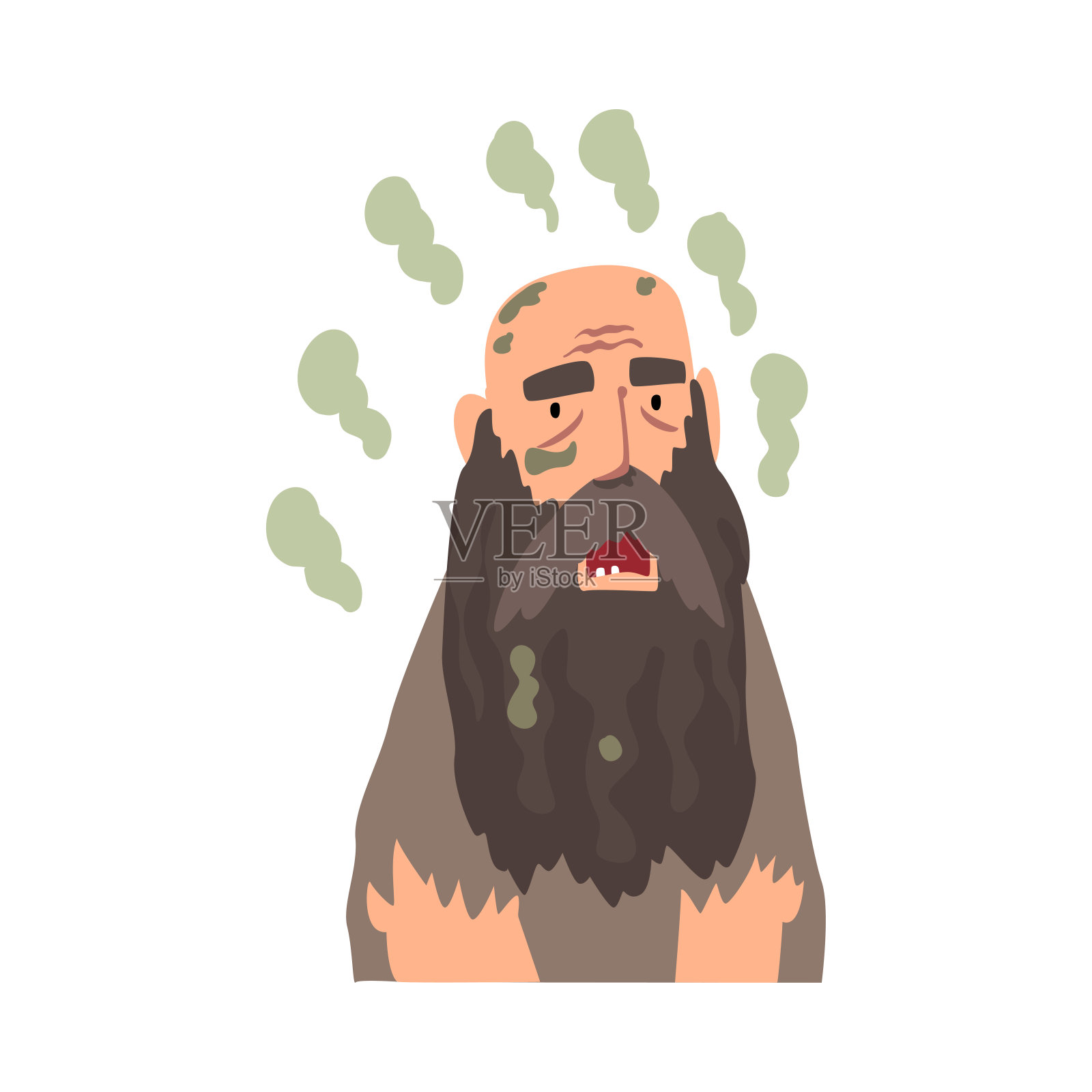 有胡子的无家可归的人在脏衣服，坏气味的人矢量插图设计元素图片