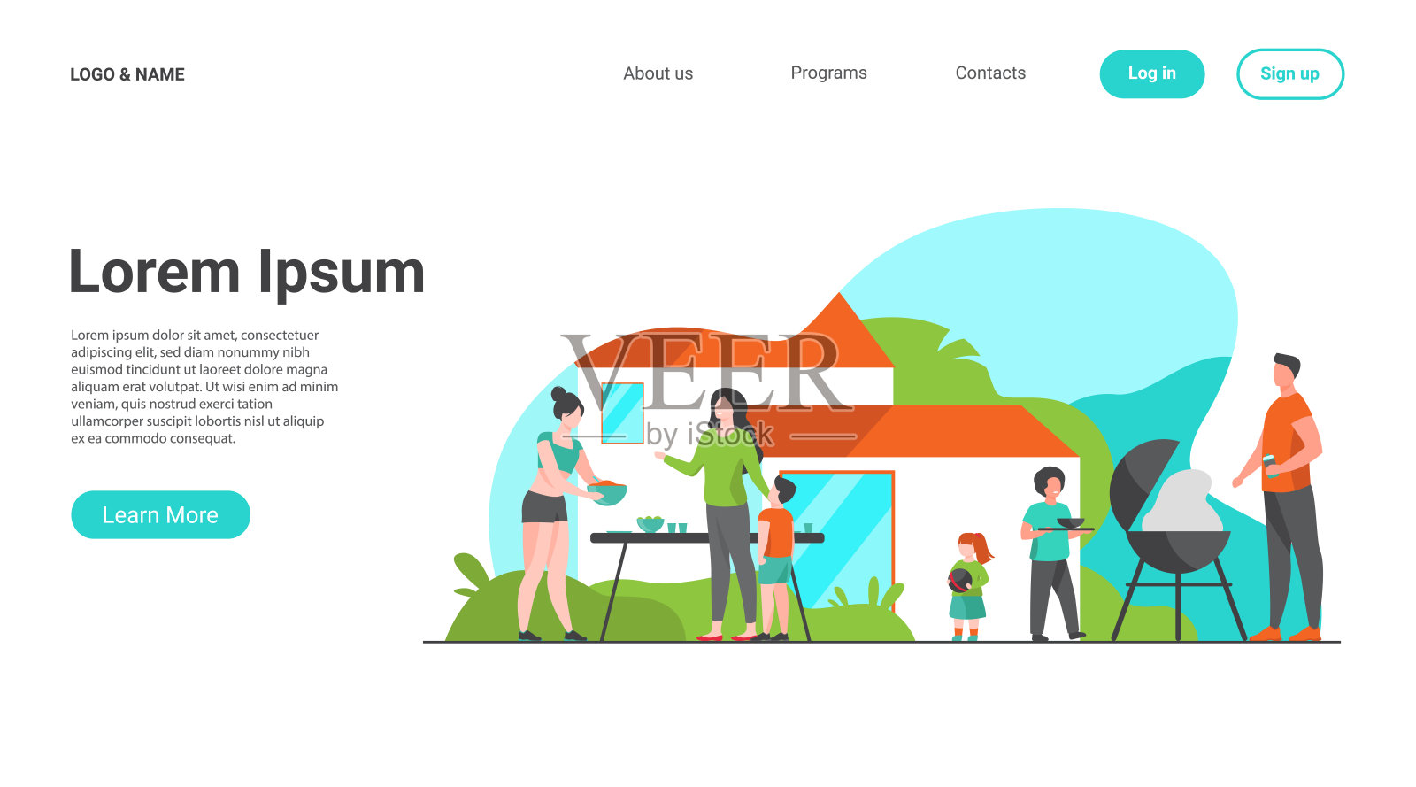 家庭在后院烧烤派对平面矢量插图插画图片素材