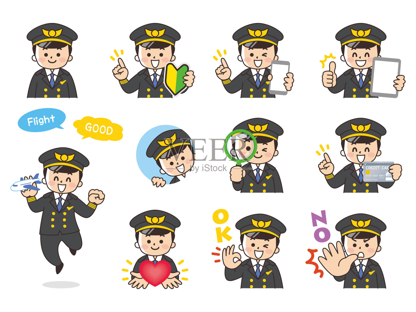 飞行员的变异人。初学者标记，智能手机，平板电脑，放大镜，信用卡，心脏，好吧，没有。插画图片素材