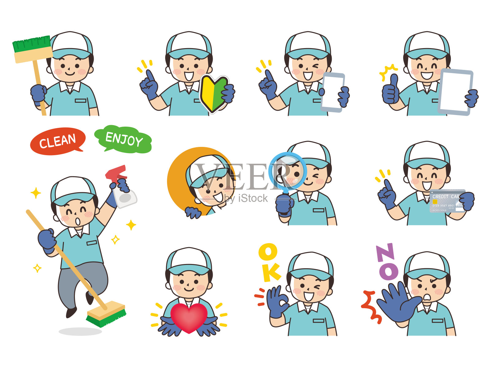 保洁人员变化。初学者标记，智能手机，平板电脑，放大镜，信用卡，心脏，好吧，不。插画图片素材