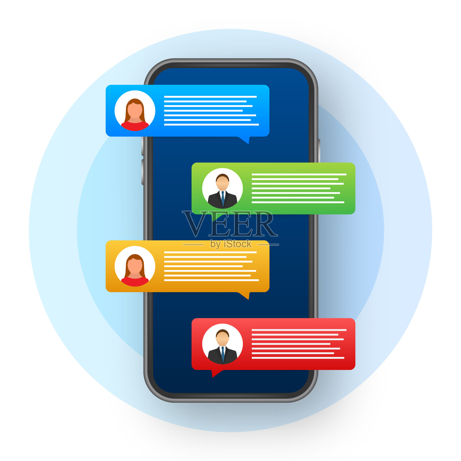 消息传递的概念。手持智能手机与聊天的人。电话屏幕上的聊天文本气泡。插画图片素材