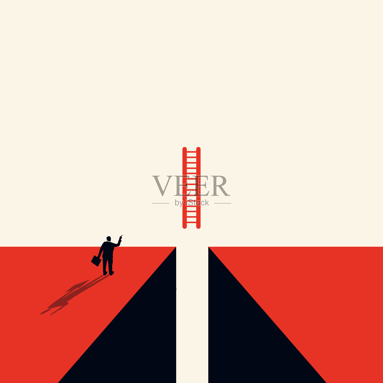 以最低限度的艺术风格解决商业问题的概念和合作的可能性。一个商人站在悬崖边上看着楼梯。未来的象征插画图片素材