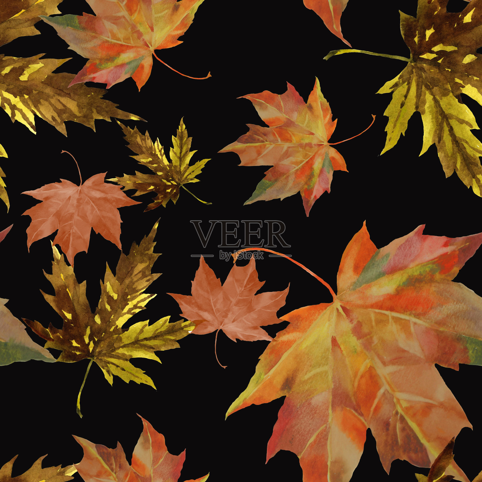 水彩秋红和卡其色枫叶上的黑色无缝图案插画图片素材
