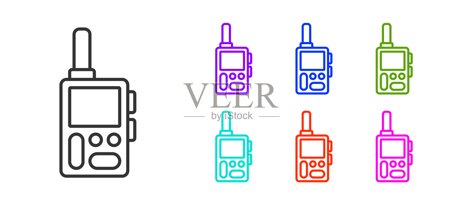 黑线对讲机图标孤立在白色背景。便携式无线电发射机图标。无线电收发器的信号。设置图标丰富多彩。向量插画图片素材