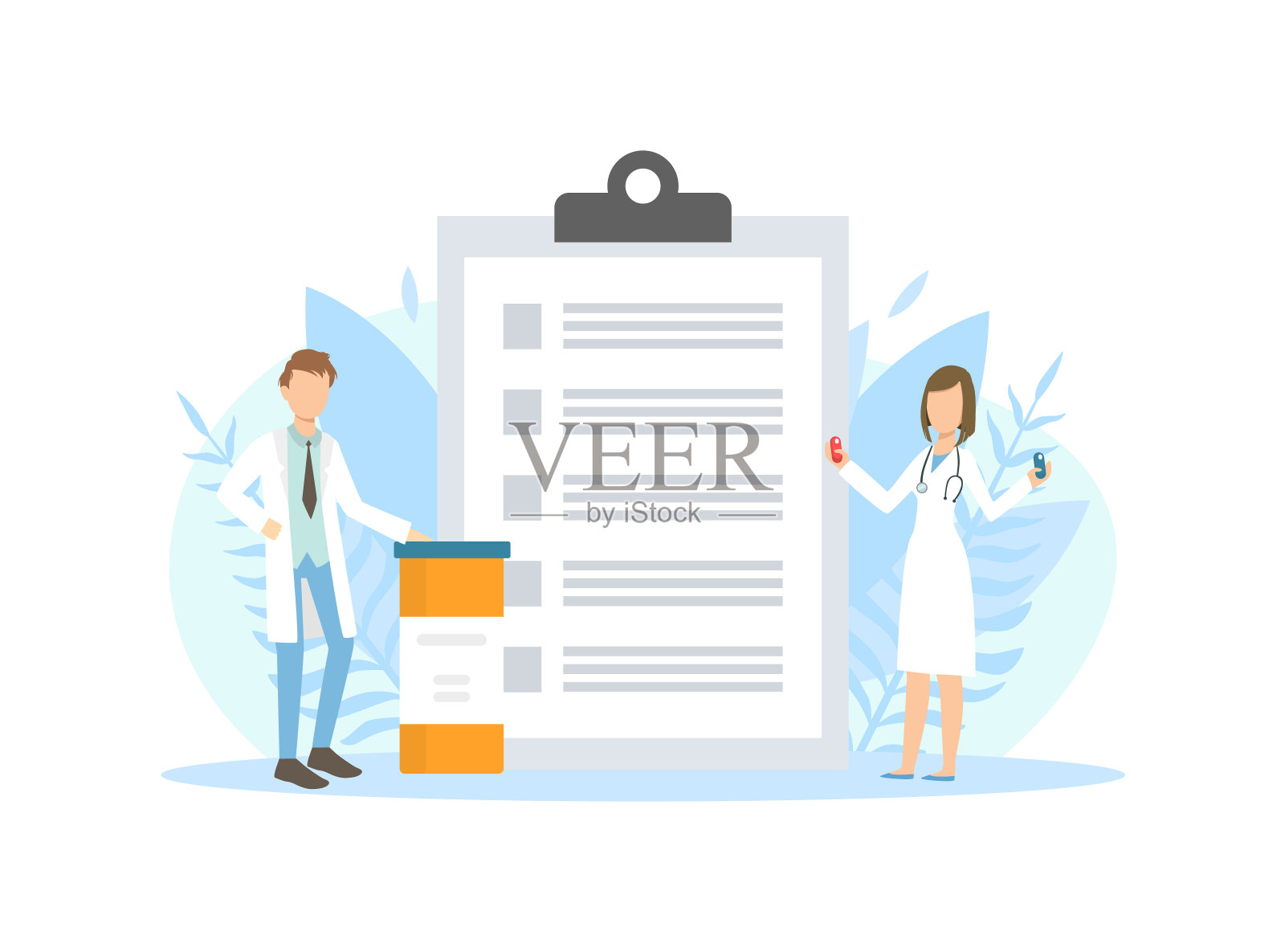 小药剂师医生站在旁边与处方矢量插图巨大的剪贴板插画图片素材