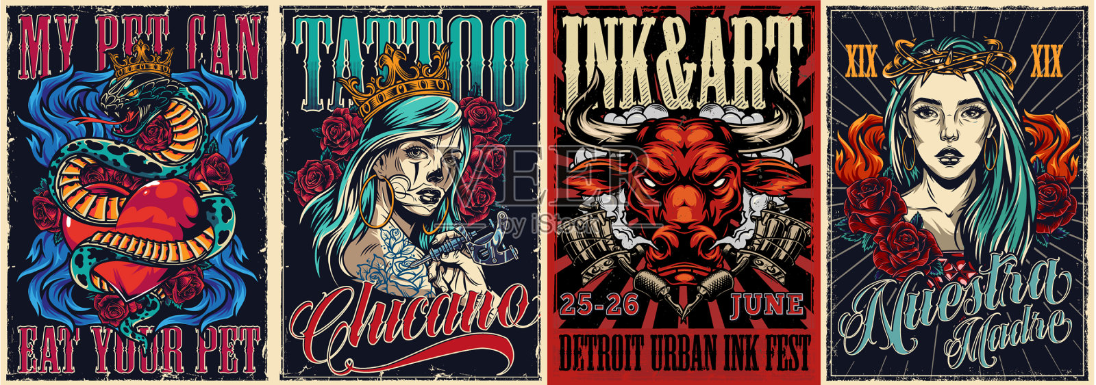 复古的彩色纹身大会海报插画图片素材