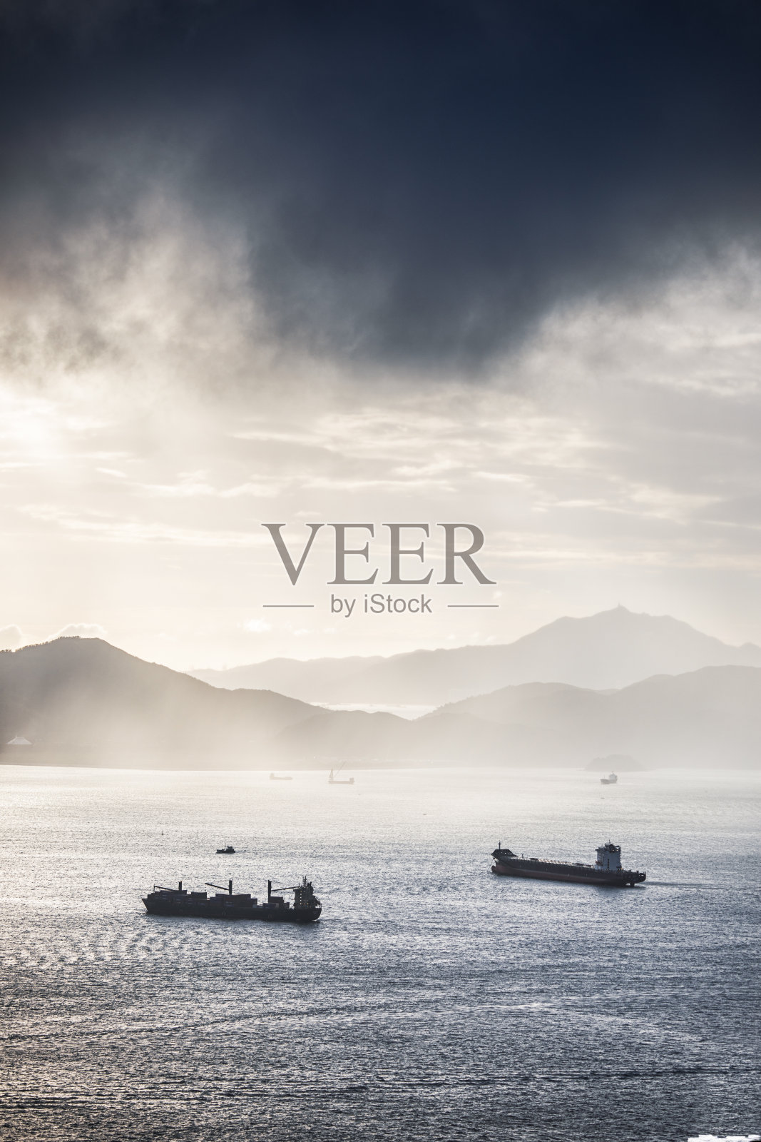 远洋集装箱船，南海，日落，广角照片摄影图片