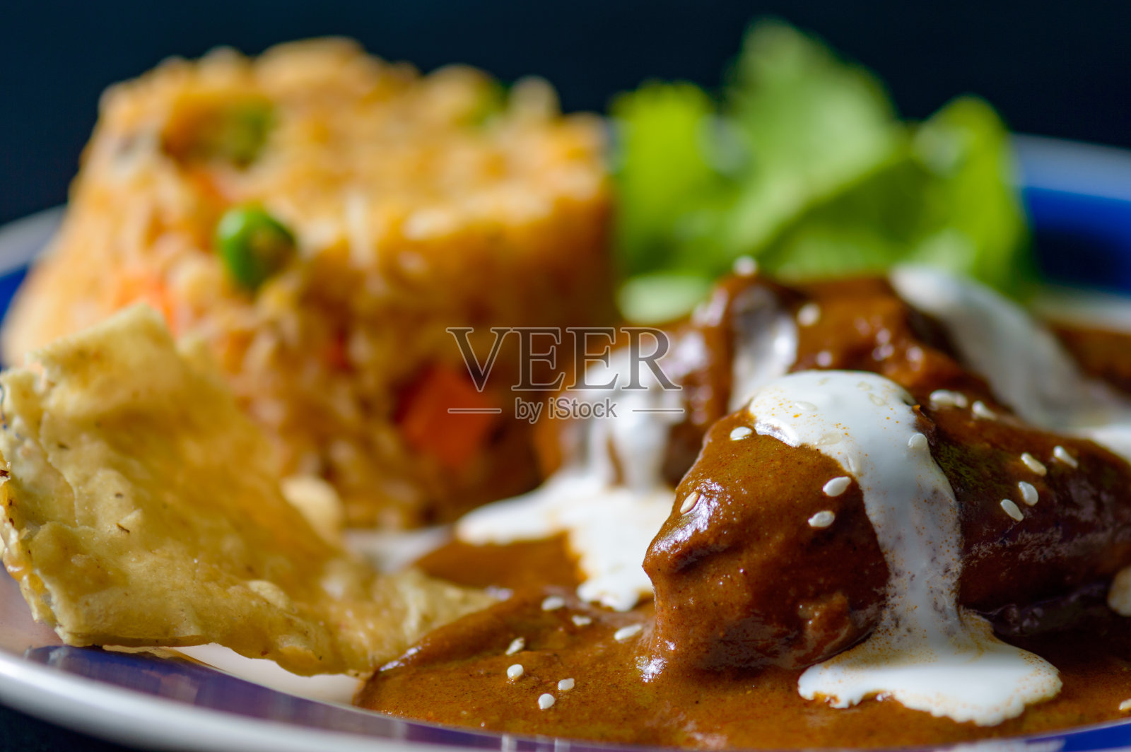 摩尔波布拉诺酱配鸡肉和墨西哥米饭照片摄影图片