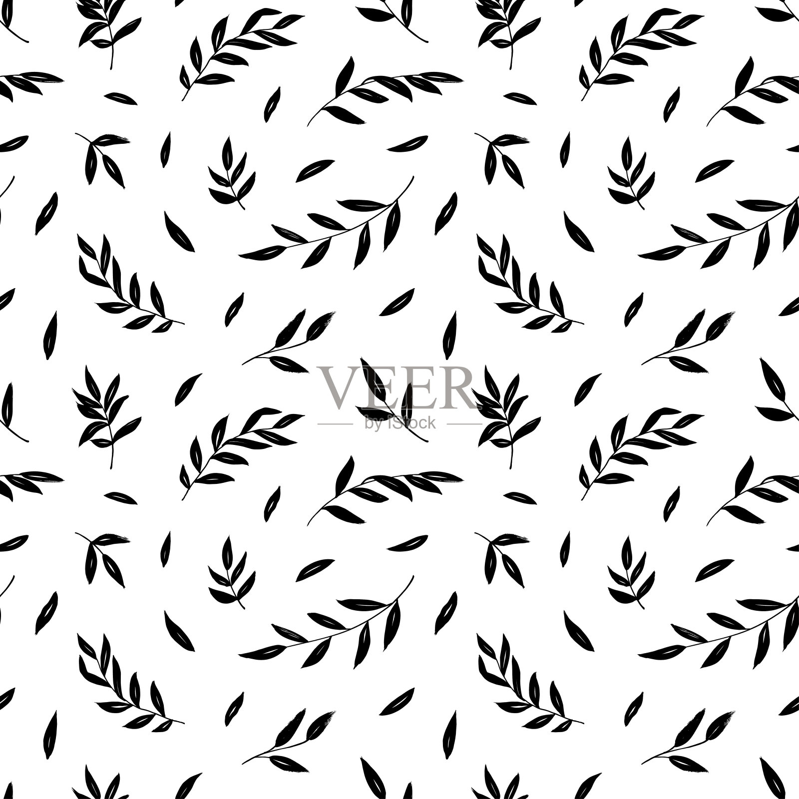 叶枝矢量无缝模式。黑色的树叶和树枝。橄榄枝现代装饰。黑墨纹理带叶。插画图片素材