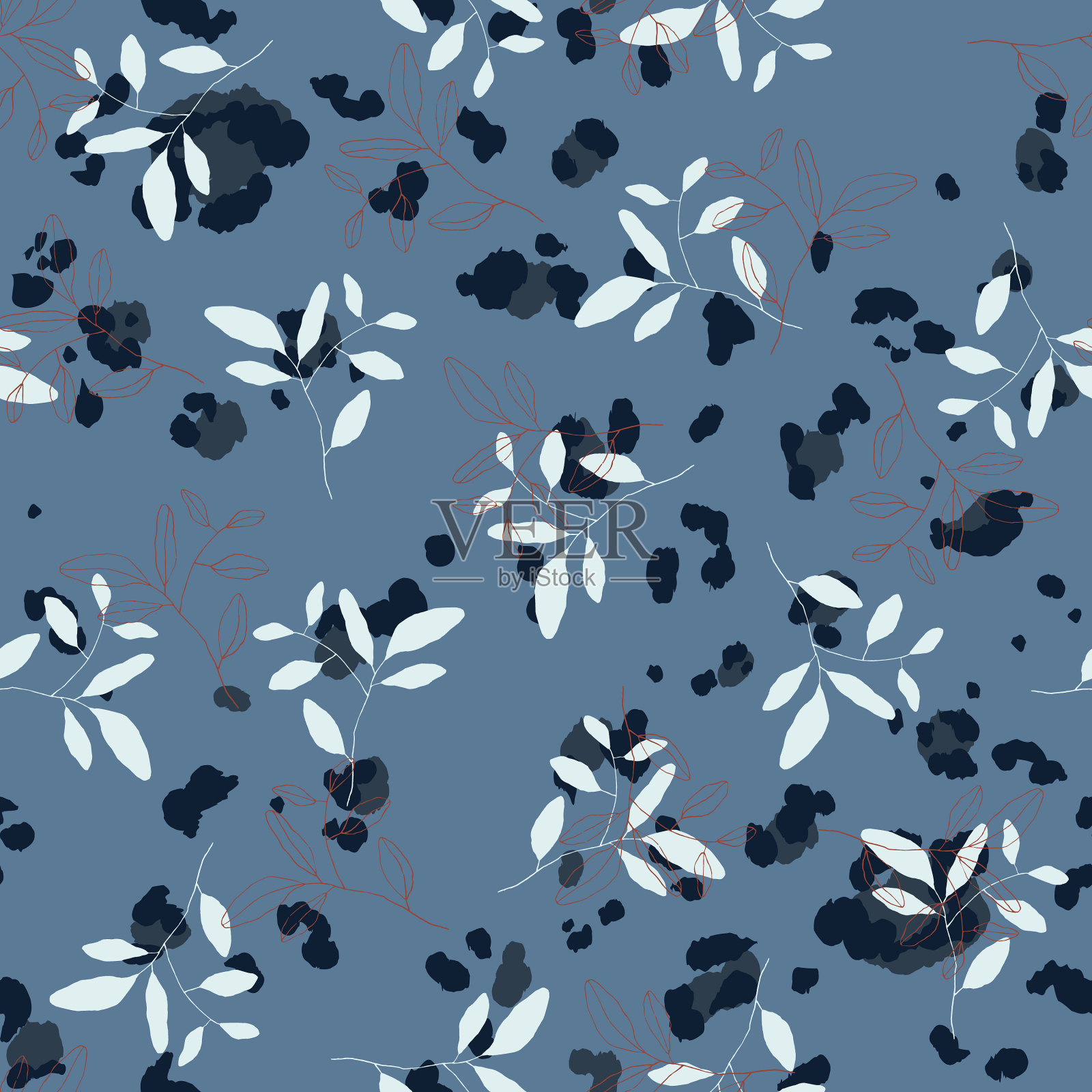 美洲豹蓝白花图案为插画图片素材