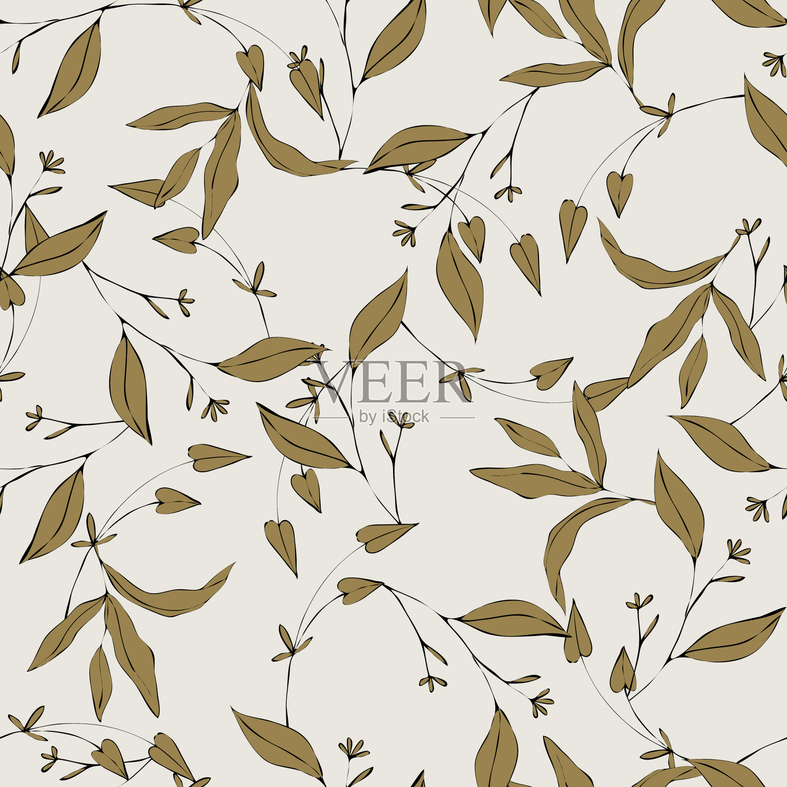 古朴的金绿树叶和手插画图片素材