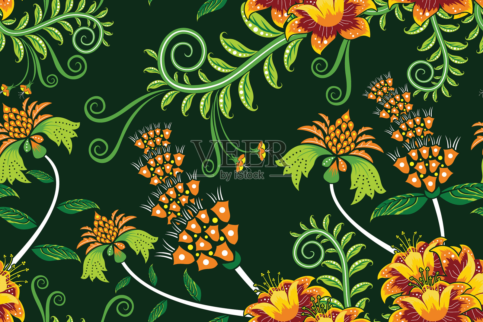 无缝图案与花卉热带蜡染图案插画图片素材