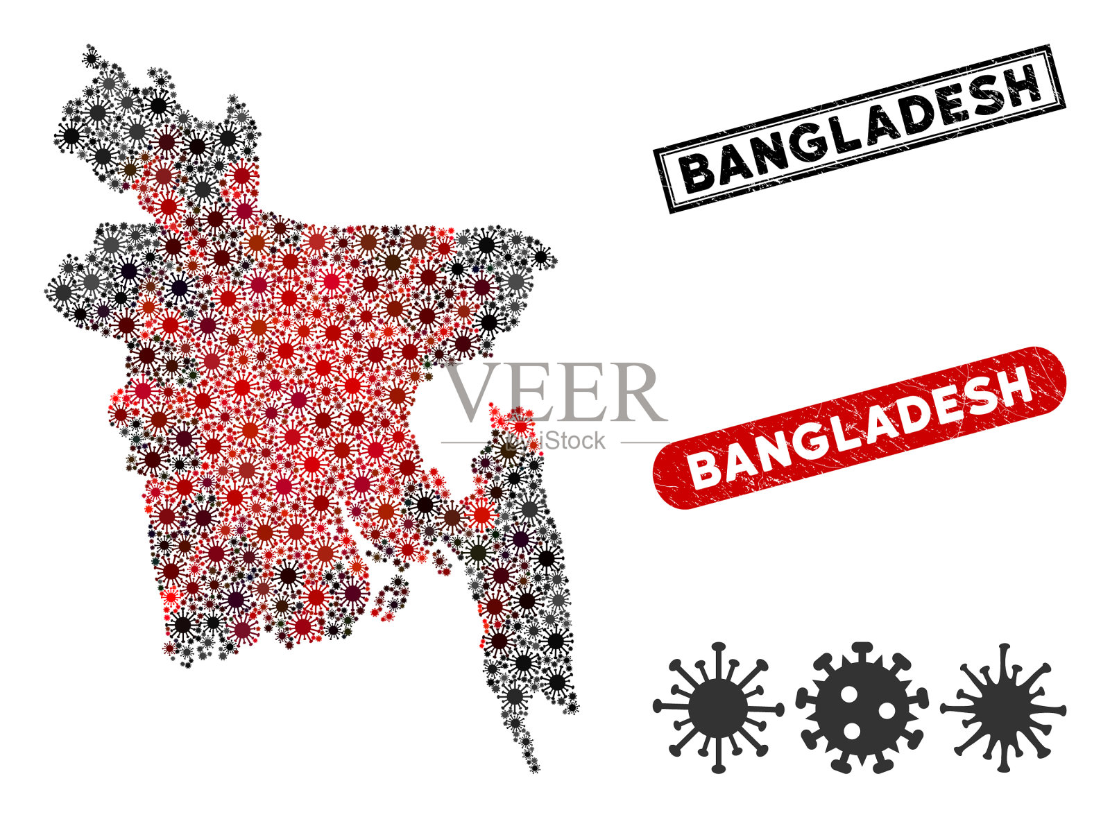 冠状病毒拼贴孟加拉国地图与垃圾插画图片素材