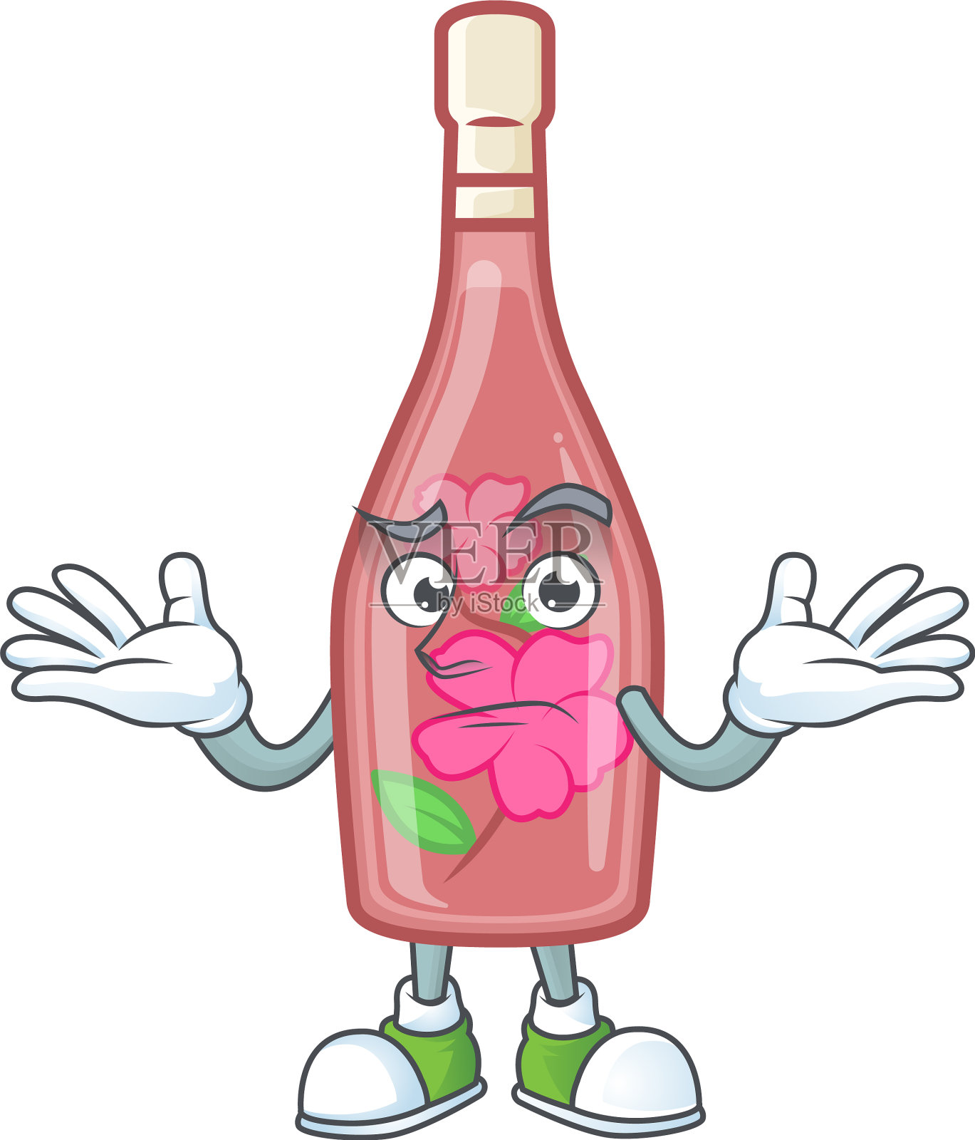 超级搞笑笑嘻嘻的粉红酒瓶酒吉祥物插画图片素材