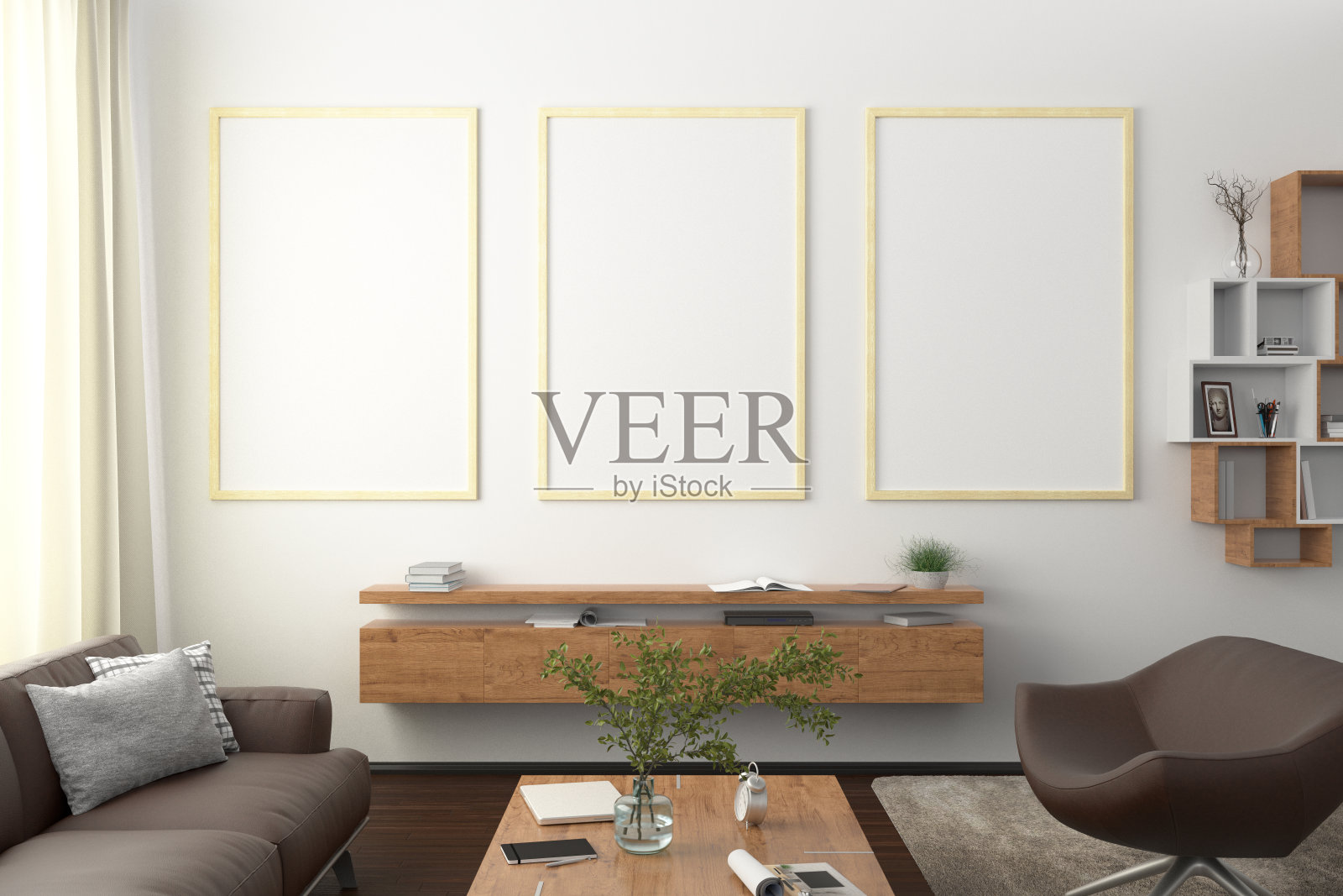 现代客厅室内墙上垂直的空白海报照片摄影图片