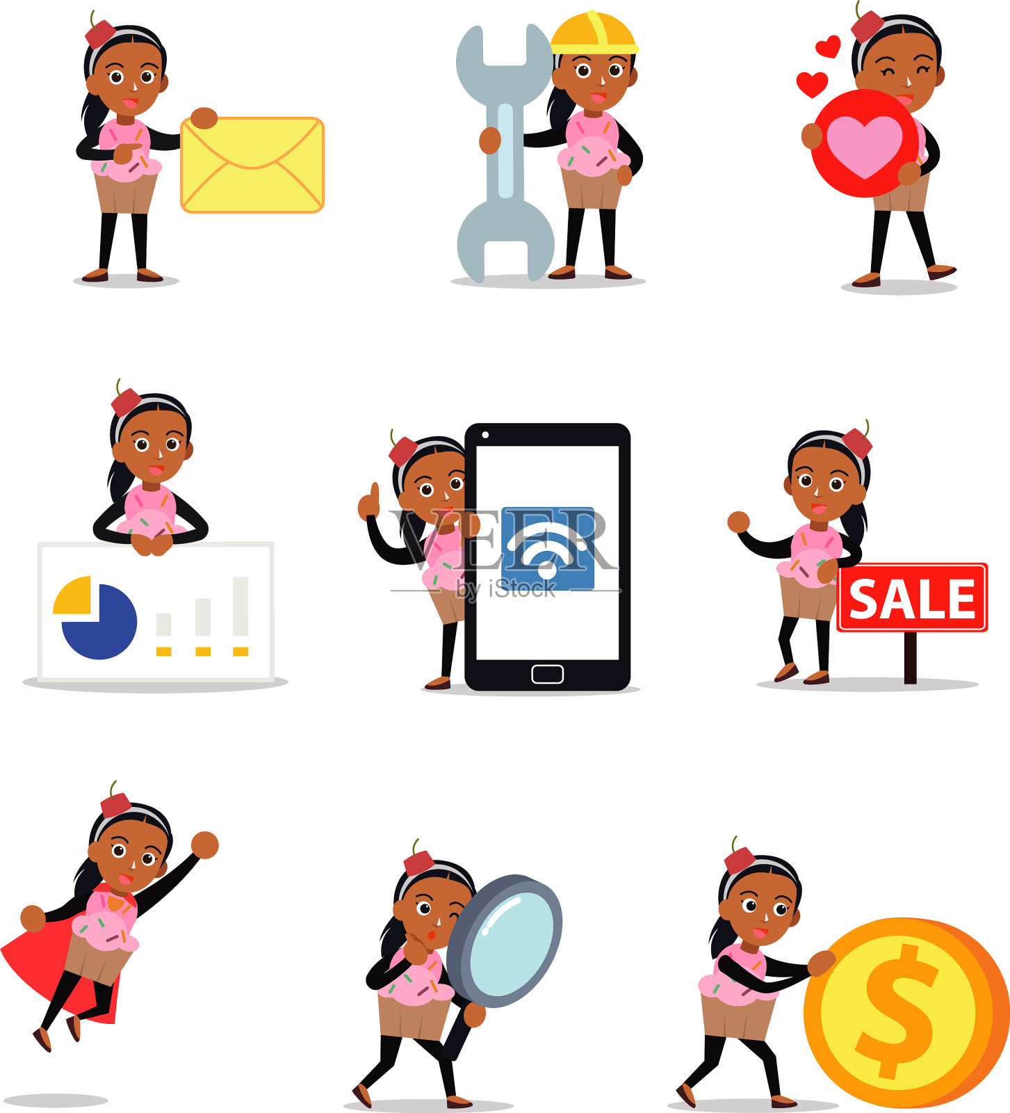 装扮成纸杯蛋糕的女人角色组合插画图片素材