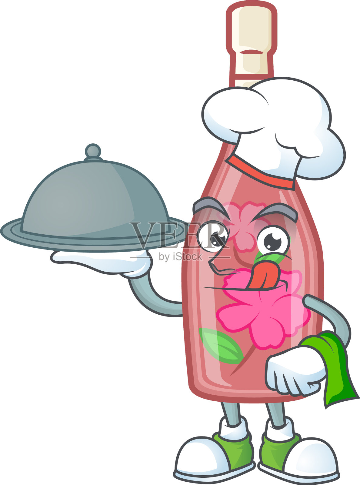 卡通粉红瓶酒当厨师吃饭插画图片素材