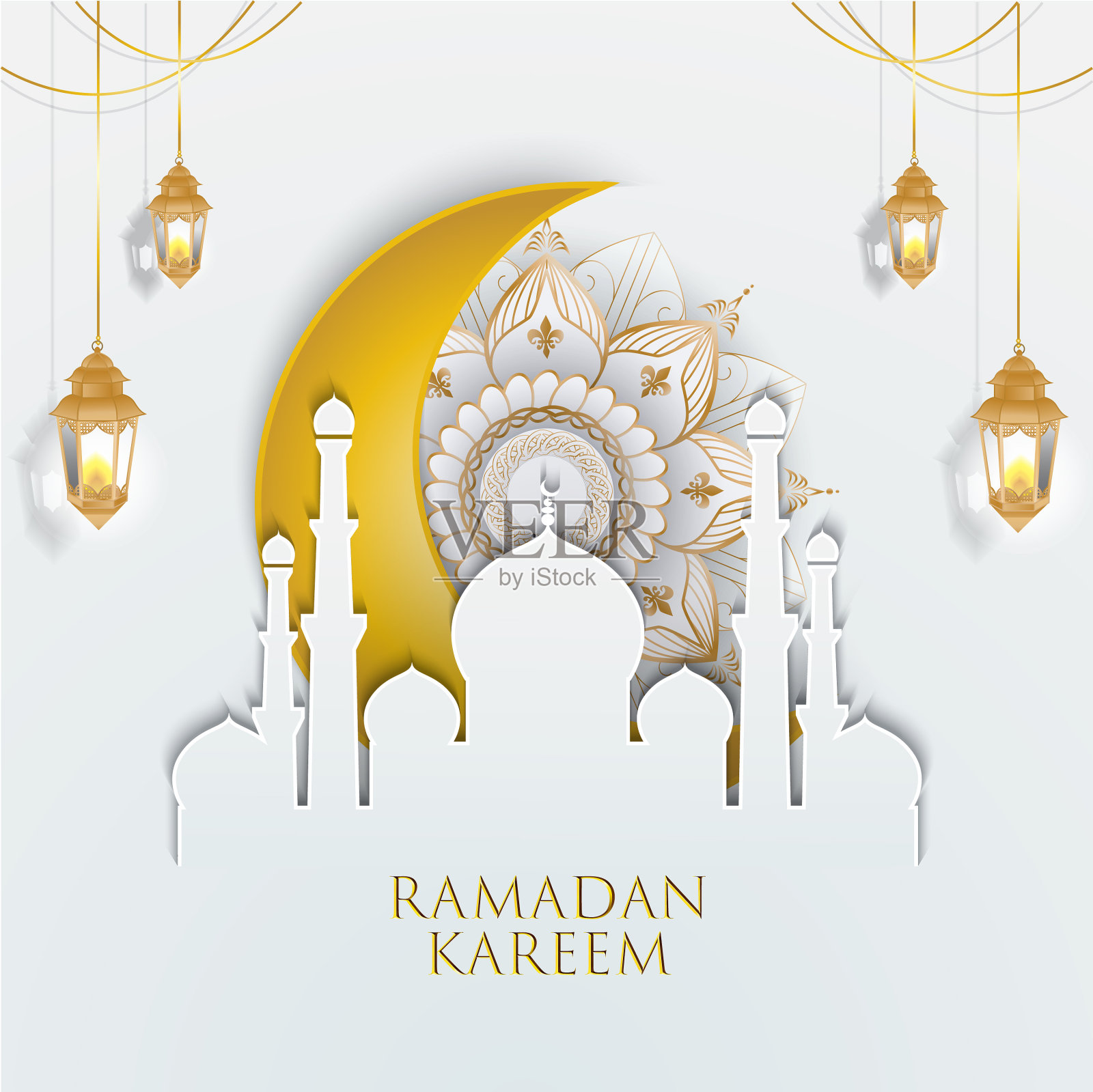 金色装饰着金色的月牙和灯笼插画图片素材