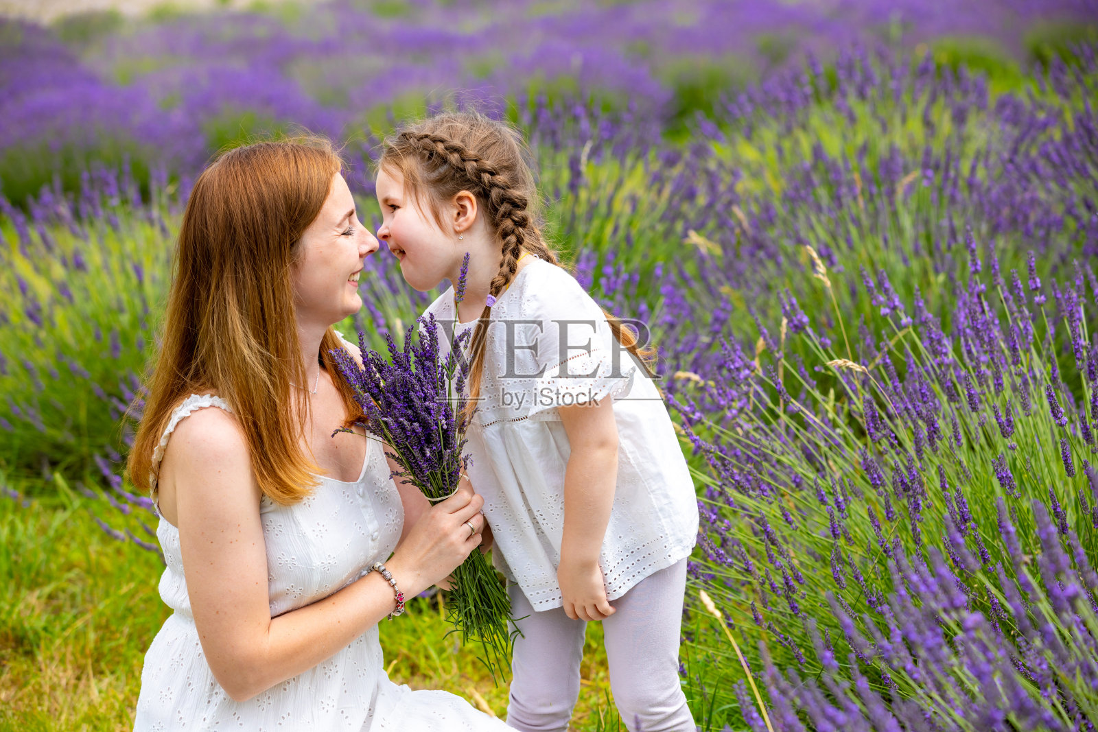捷克共和国，母亲和她的小女儿手捧一束薰衣草走在一起照片摄影图片