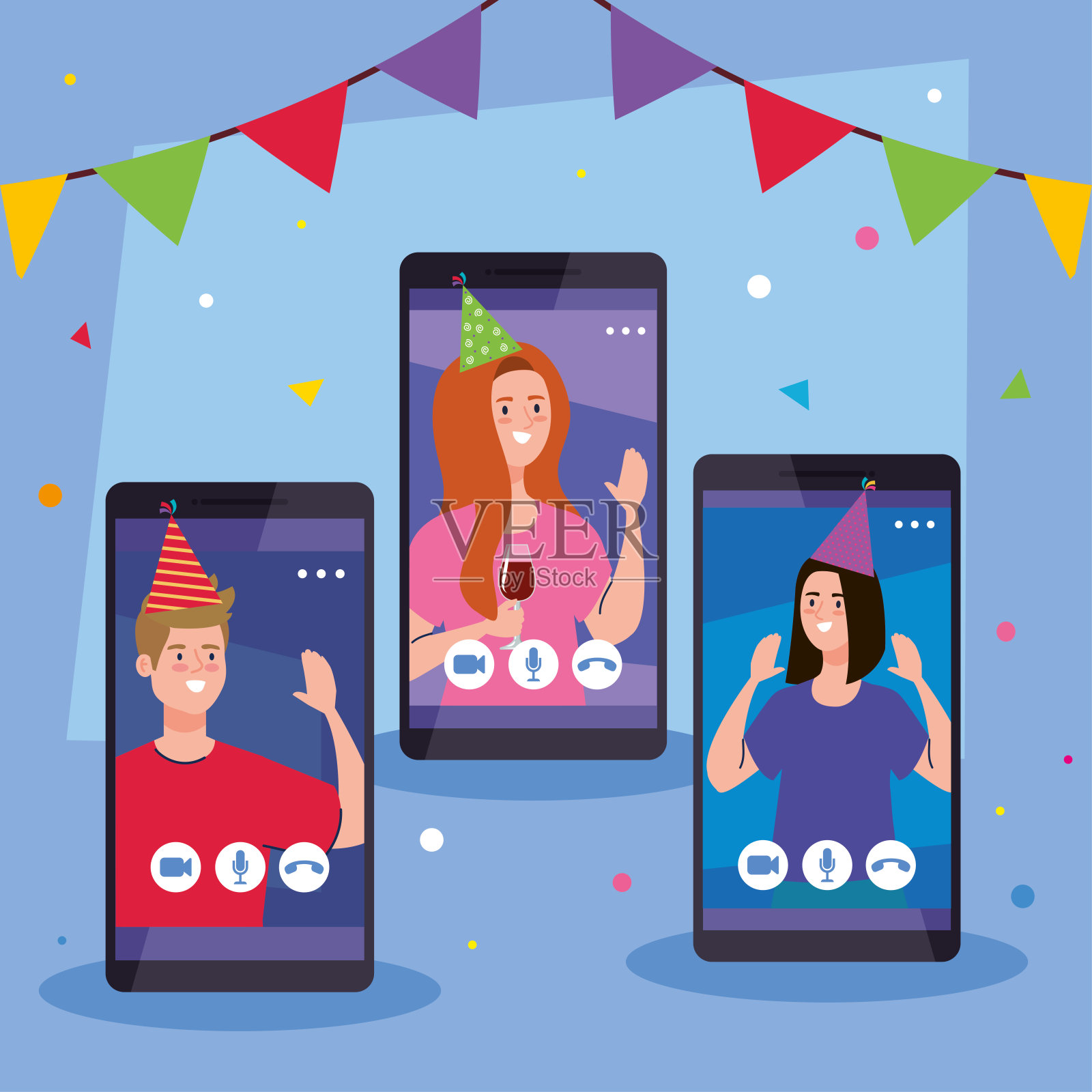 女人和男人与派对帽子上的智能手机矢量设计插画图片素材