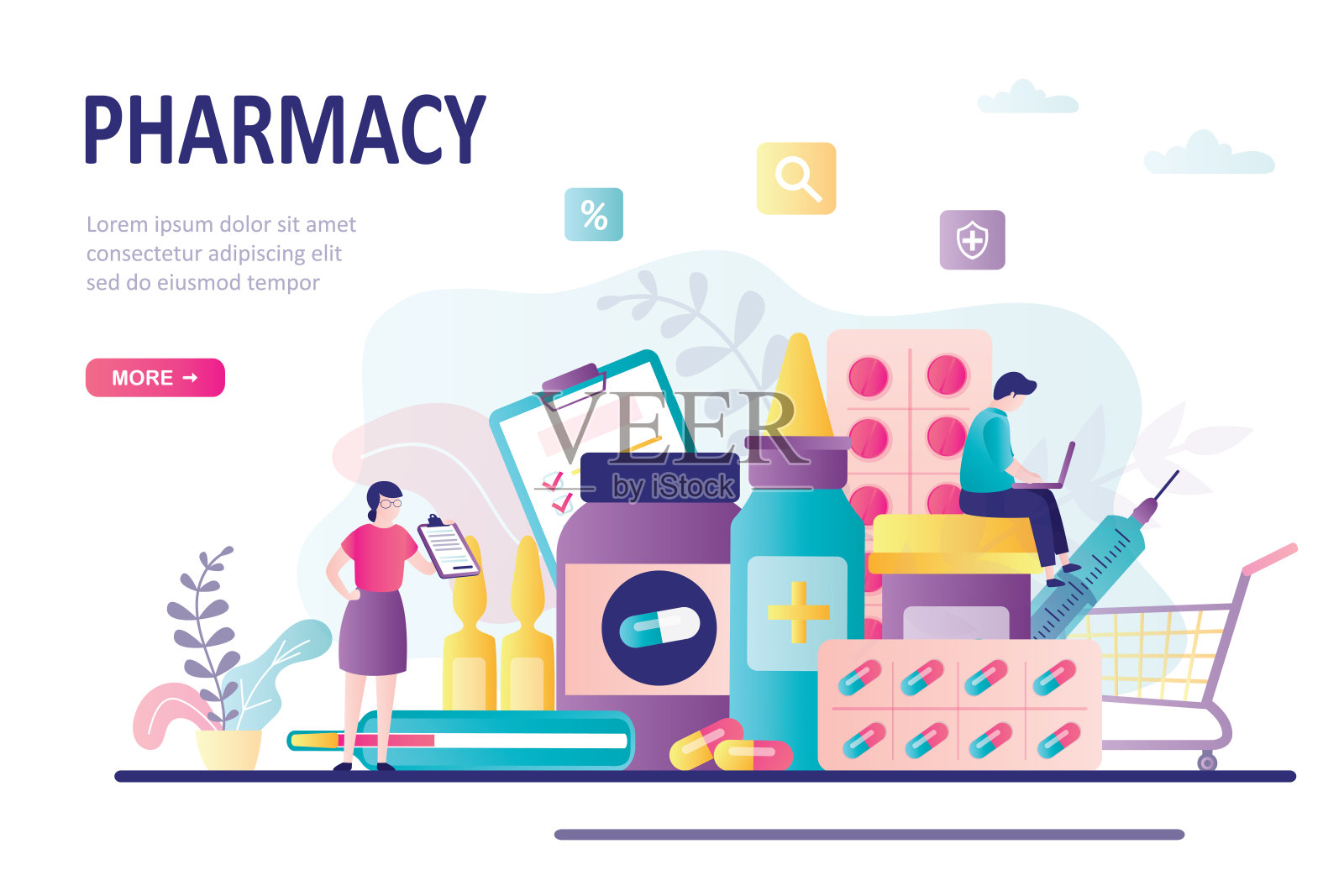 男人和女人在买药。在线药房网站设计。医疗、药店的概念插画图片素材