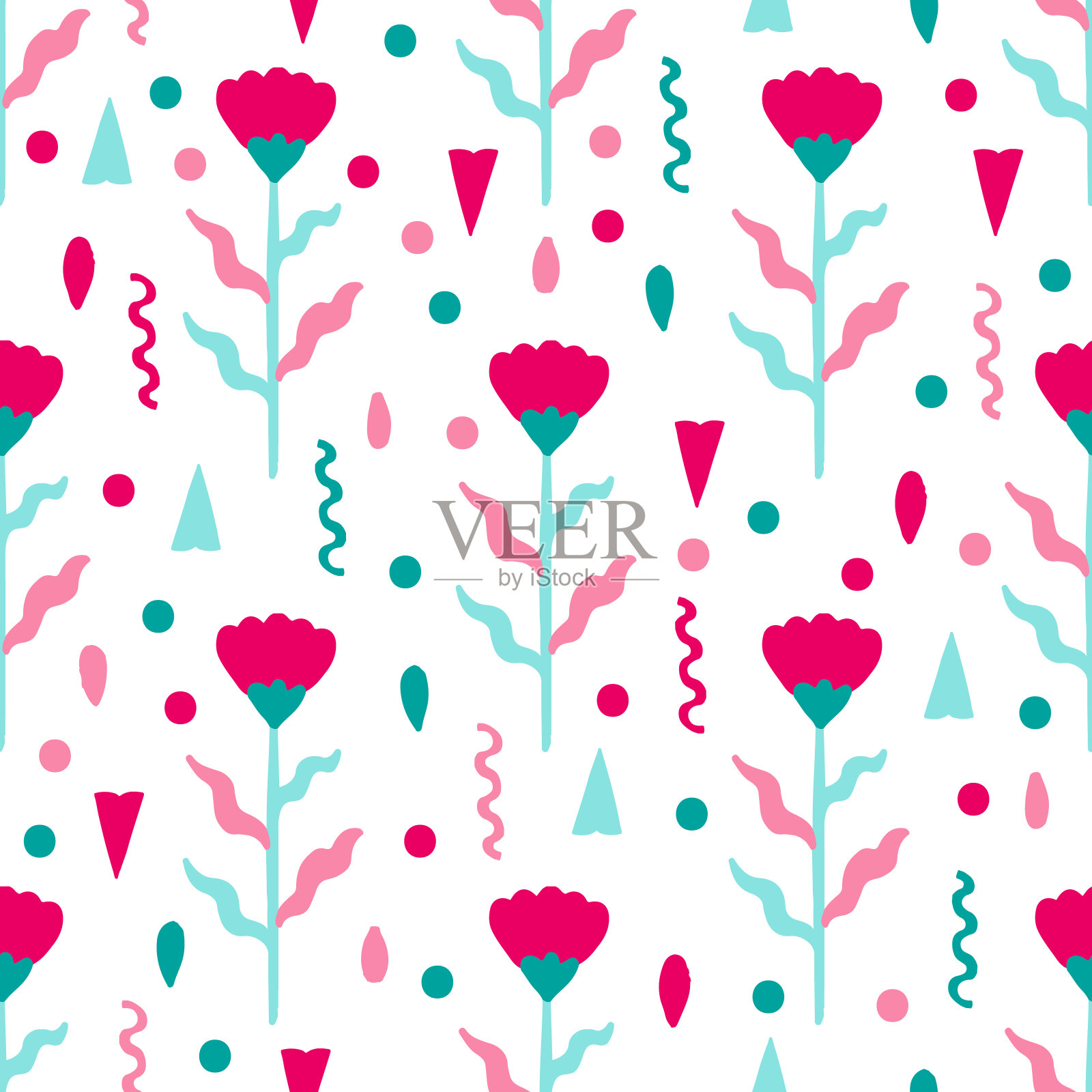 无缝图案植物花卉抽象。天真的手绘设计。家居装饰装饰品，织物，纺织品插画图片素材