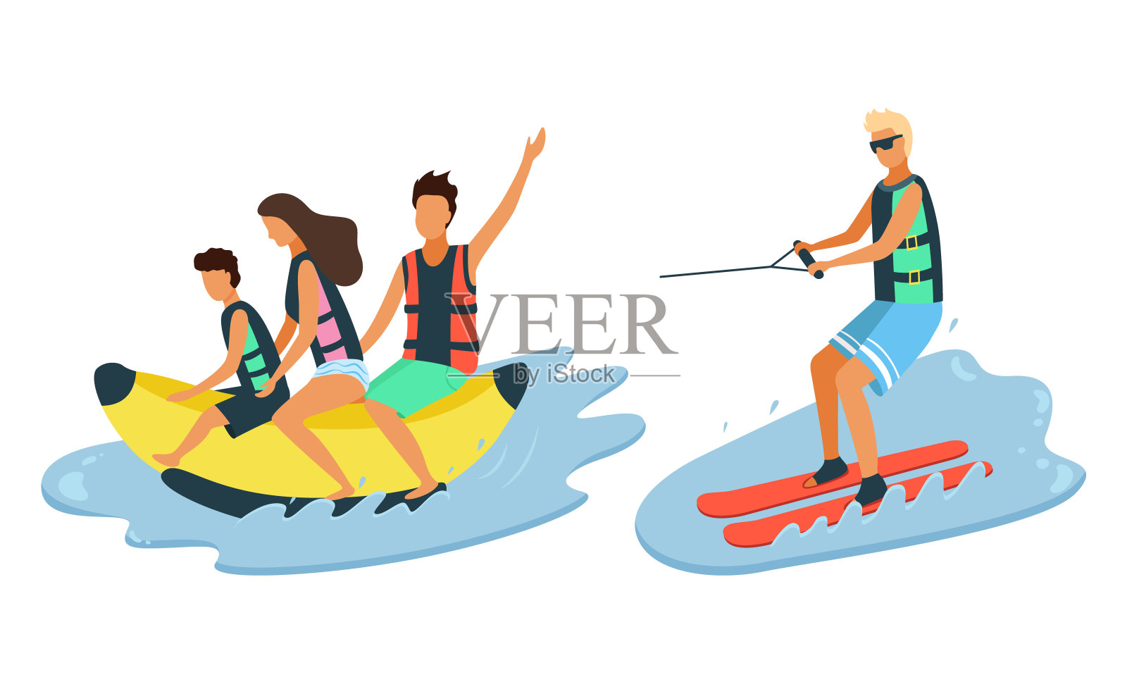乘坐香蕉船，滑水，海滩活动插画图片素材