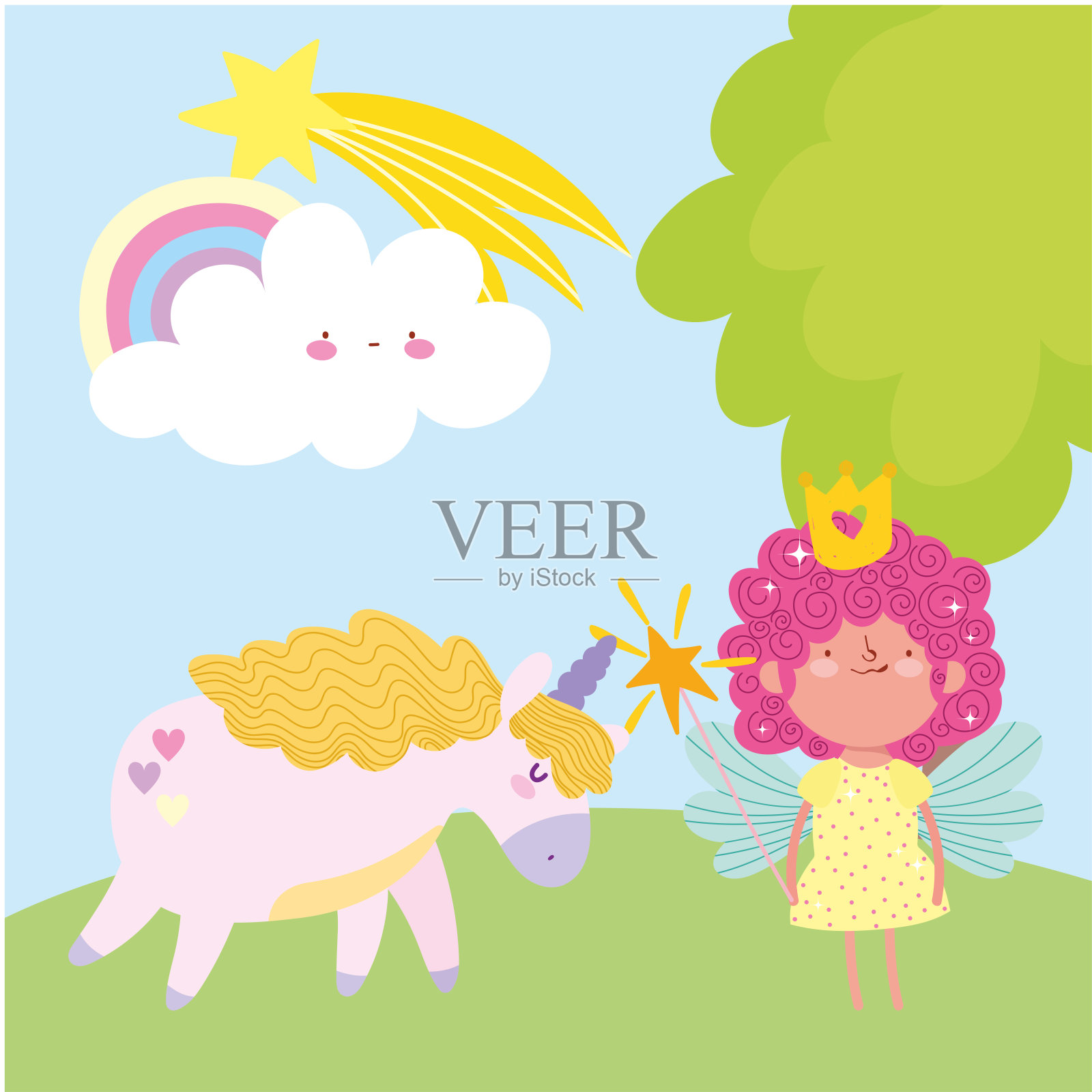 小仙女公主与魔杖独角兽彩虹幻想故事卡通插画图片素材