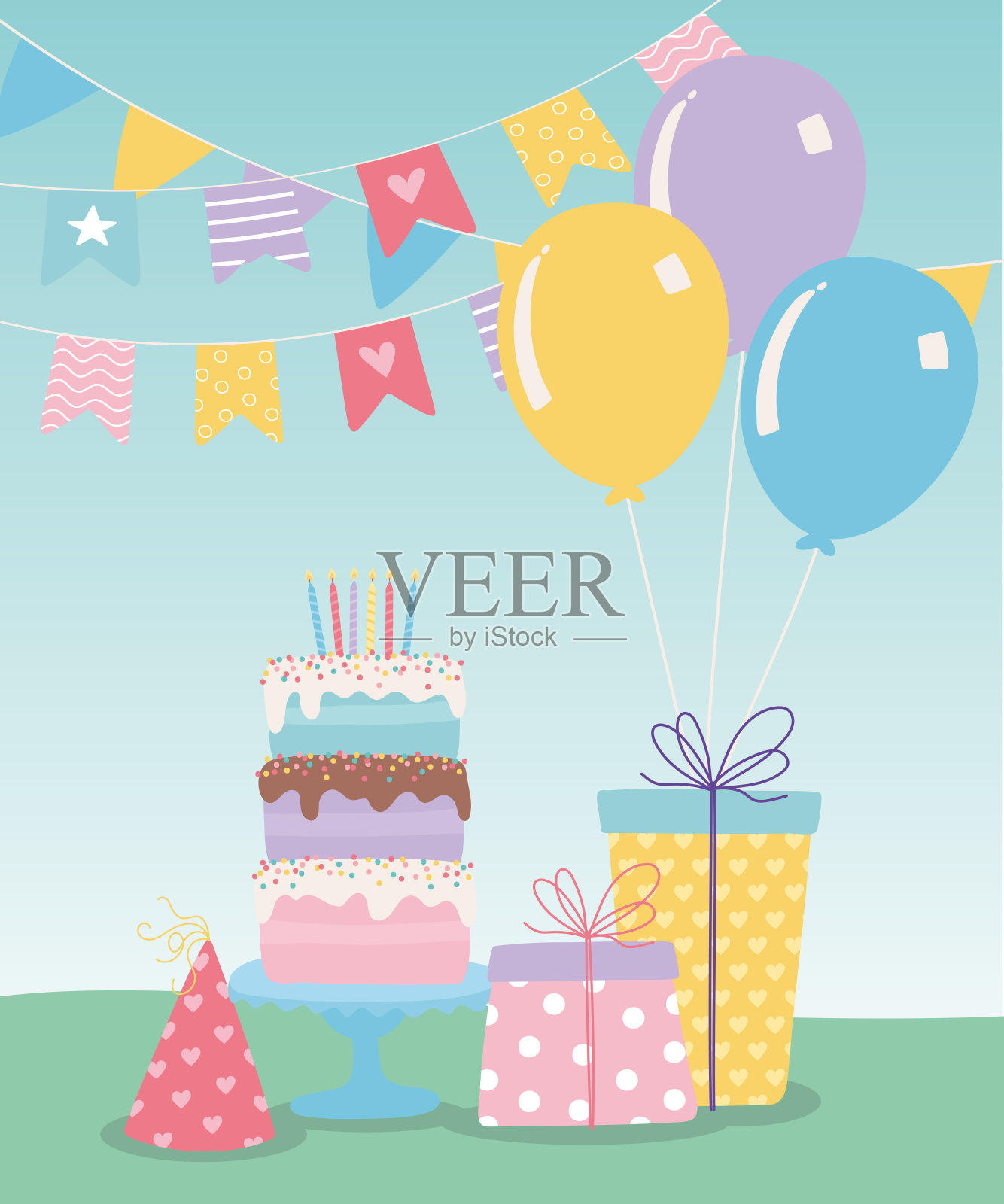 生日快乐，甜蜜蛋糕礼物派对帽和气球装饰庆祝卡通设计模板素材