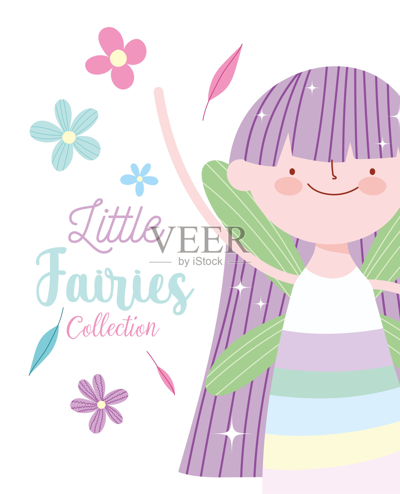 带着翅膀和花朵的小仙女公主的卡通故事插画图片素材