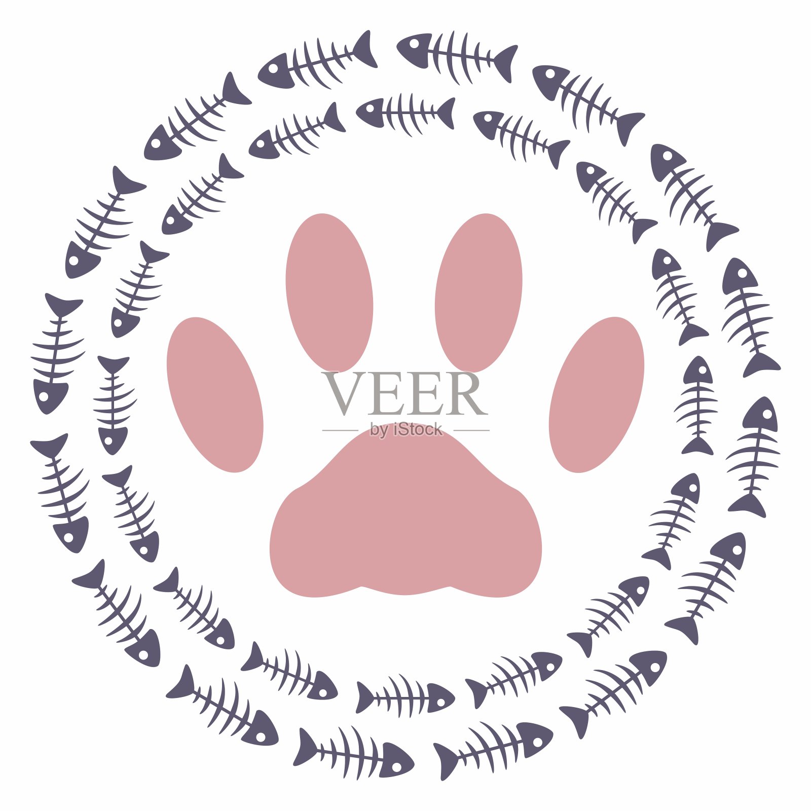 在鱼骨骼的圆圈中体积猫的足迹。矢量爪印孤立在白色背景。兽医诊所、公共组织标志。插画图片素材