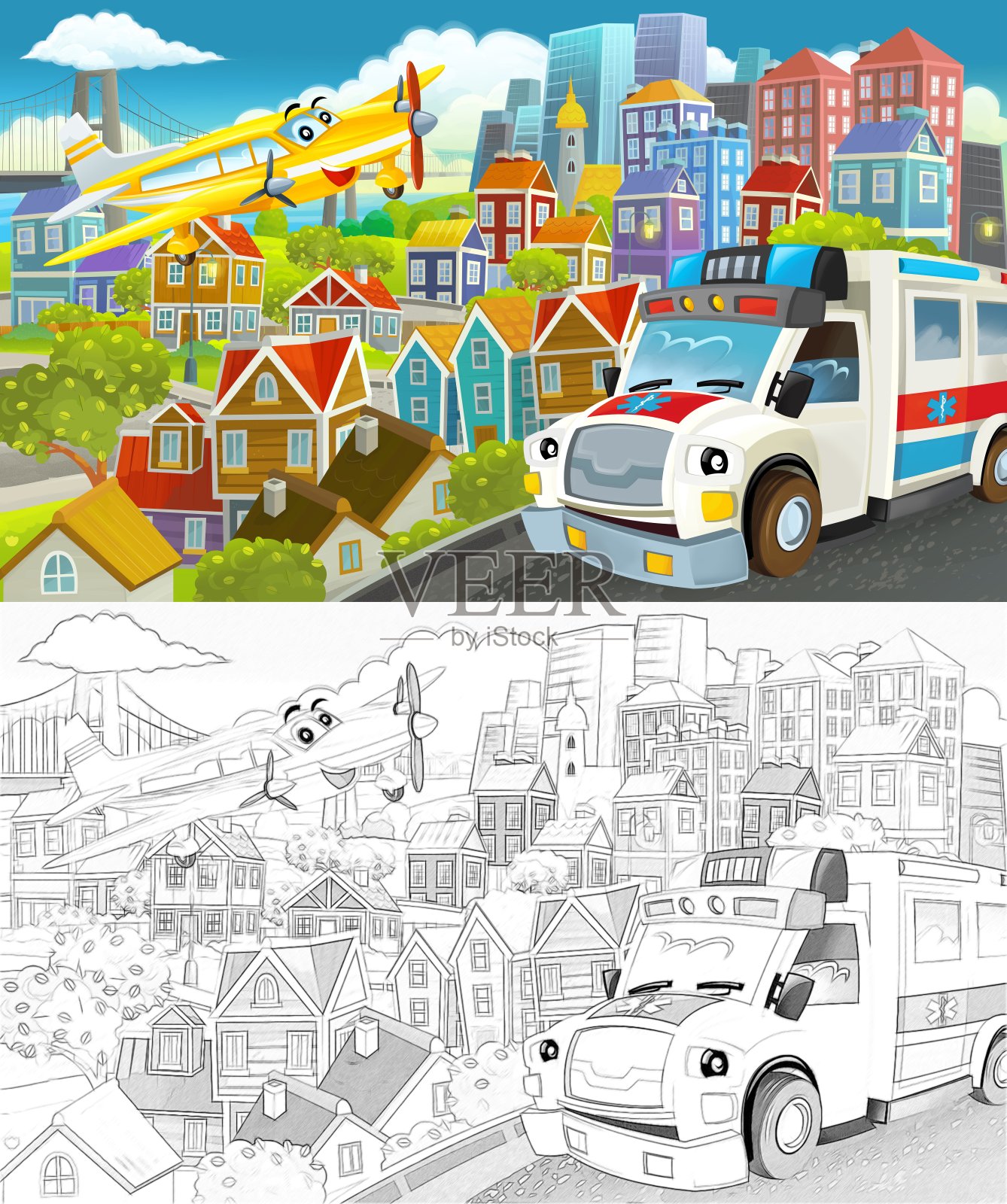 卡通有趣的场景与素描的城市中心与飞行的飞机和汽车的车辆插图插画图片素材