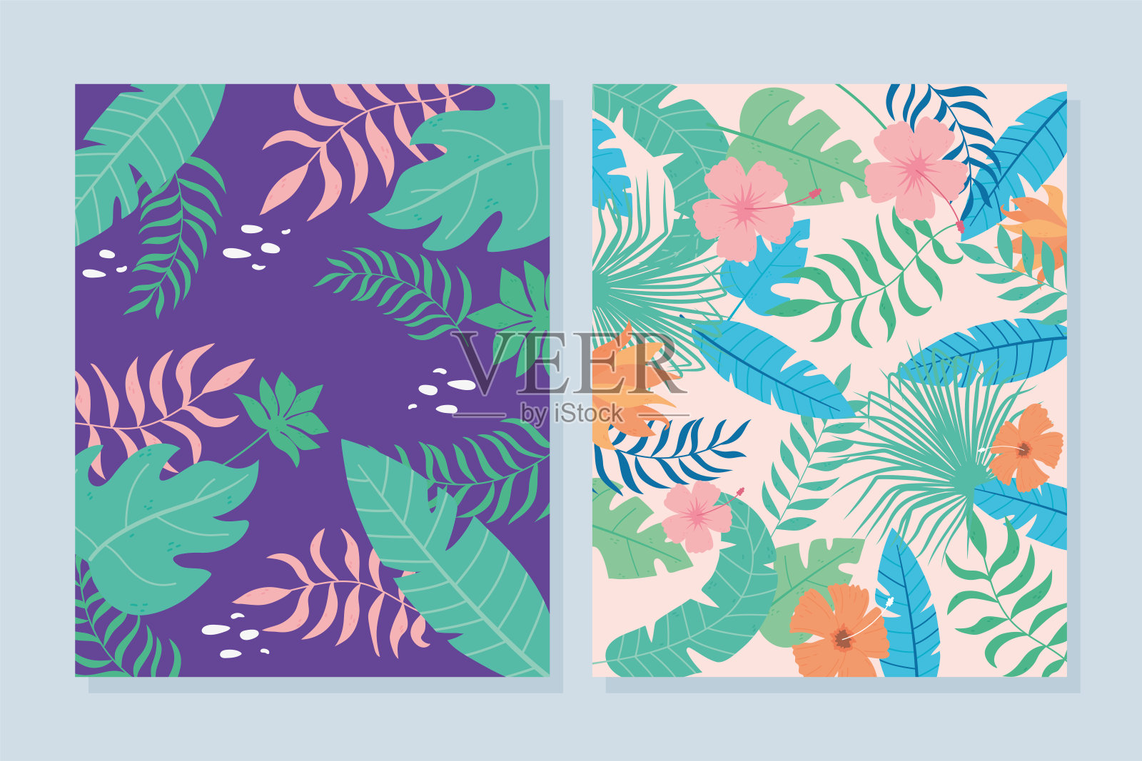 热带叶子旗帜与异国情调的棕榈植物花和叶插画图片素材