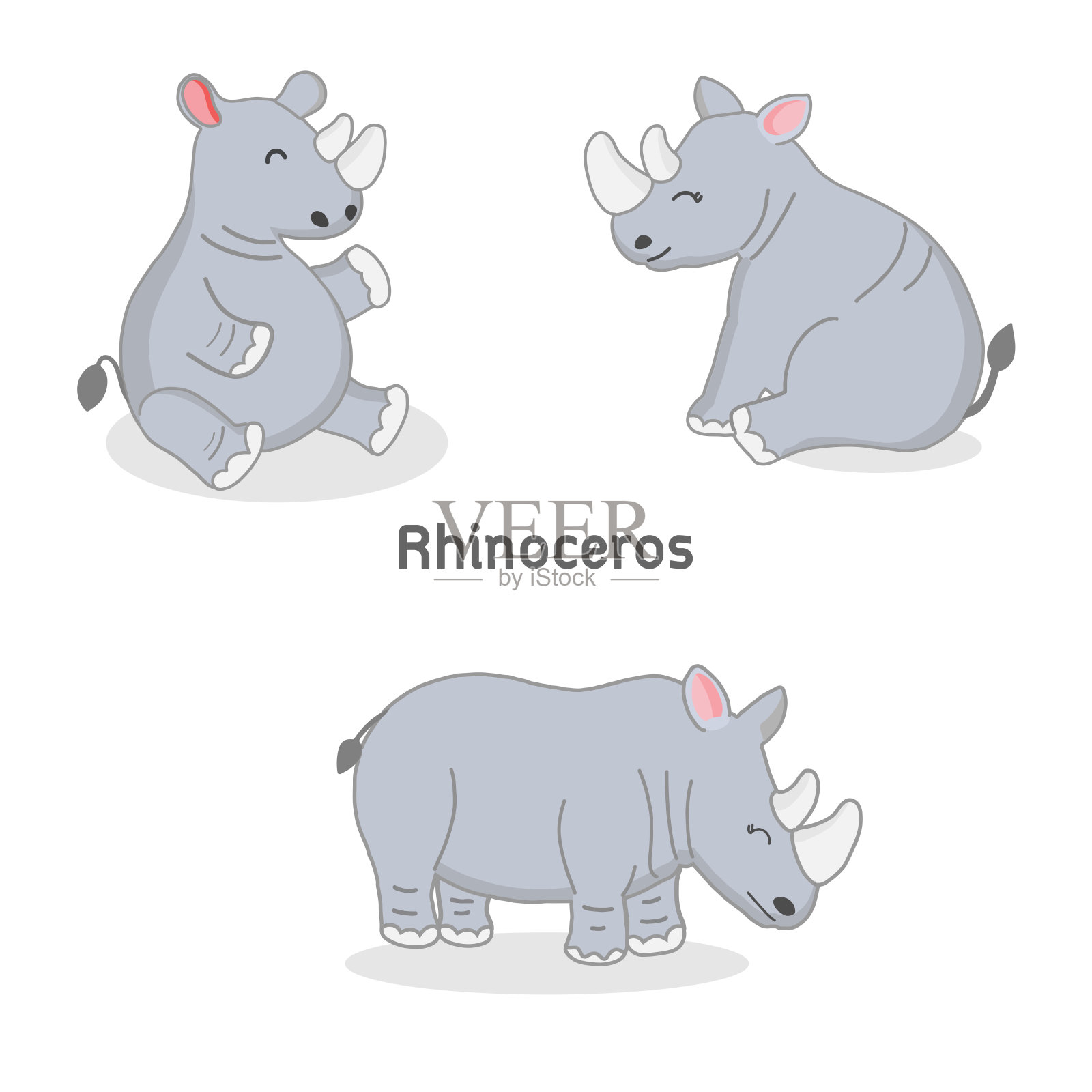 一套可爱的卡通犀牛在白色的背景。插画图片素材