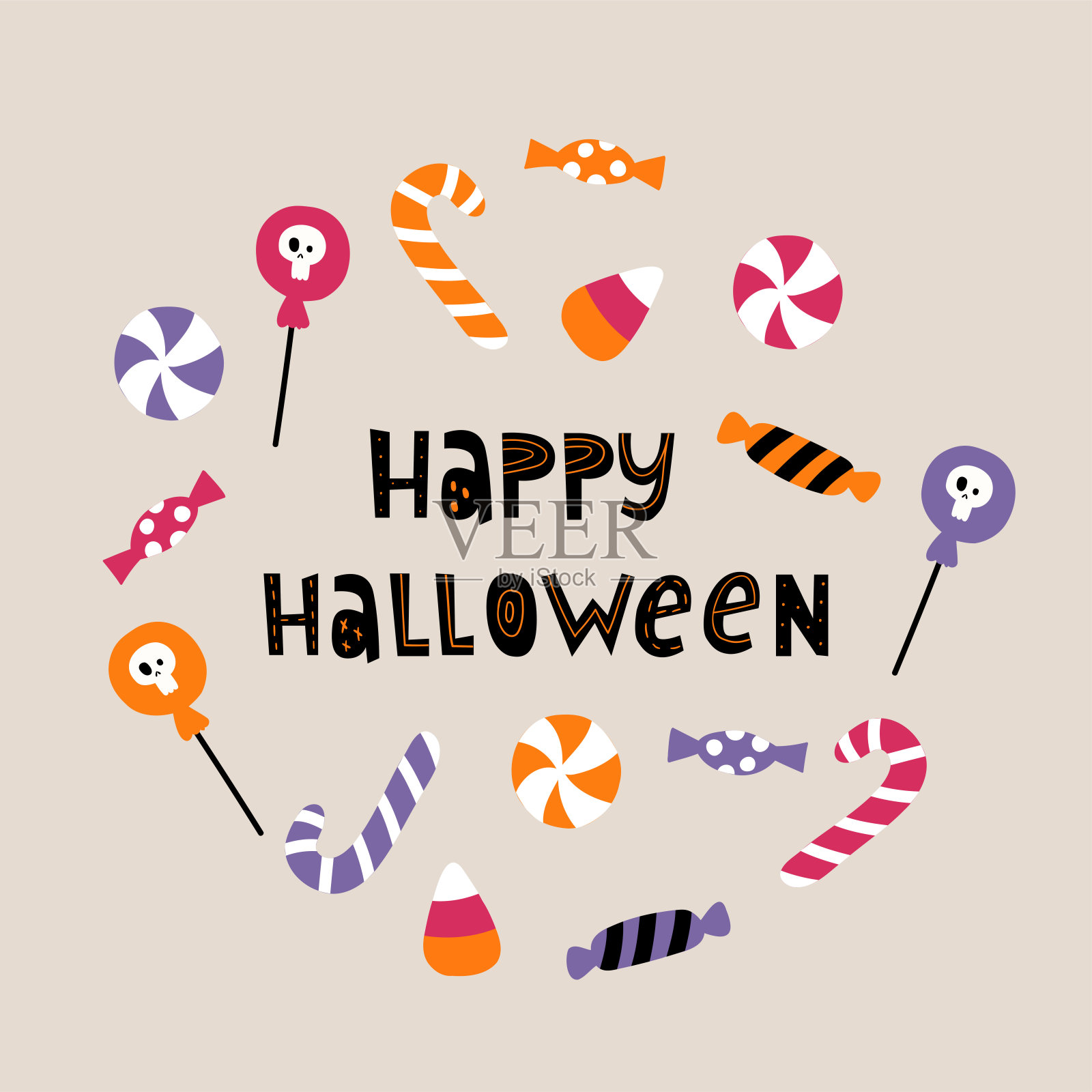 矢量插图与不同的糖果，与文字万圣节快乐。平面设计风格。插画图片素材
