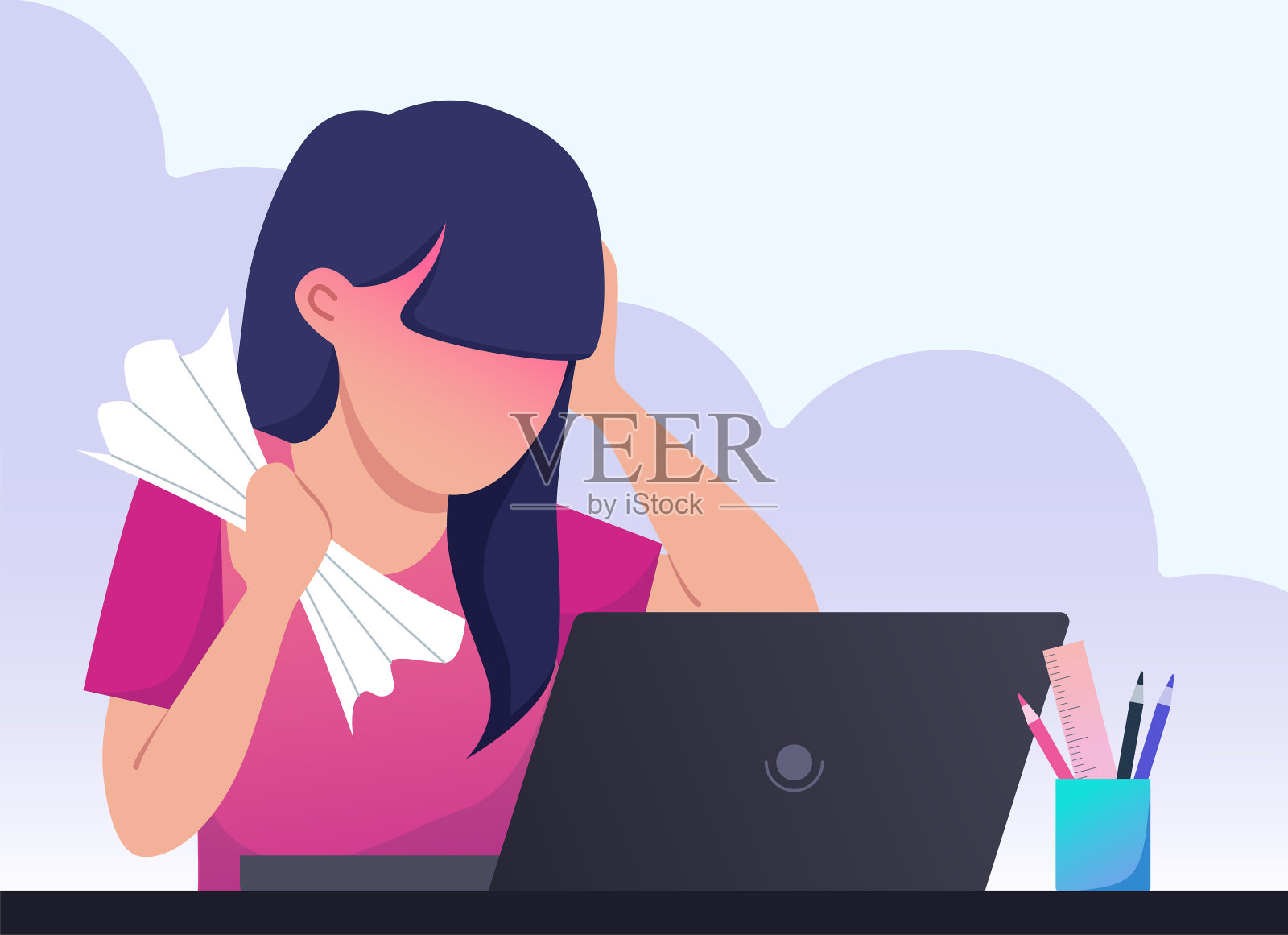 年轻女人用笔记本电脑工作。工作压力大，解决任务困难。用于网页设计的矢量扁平风格插画插画图片素材