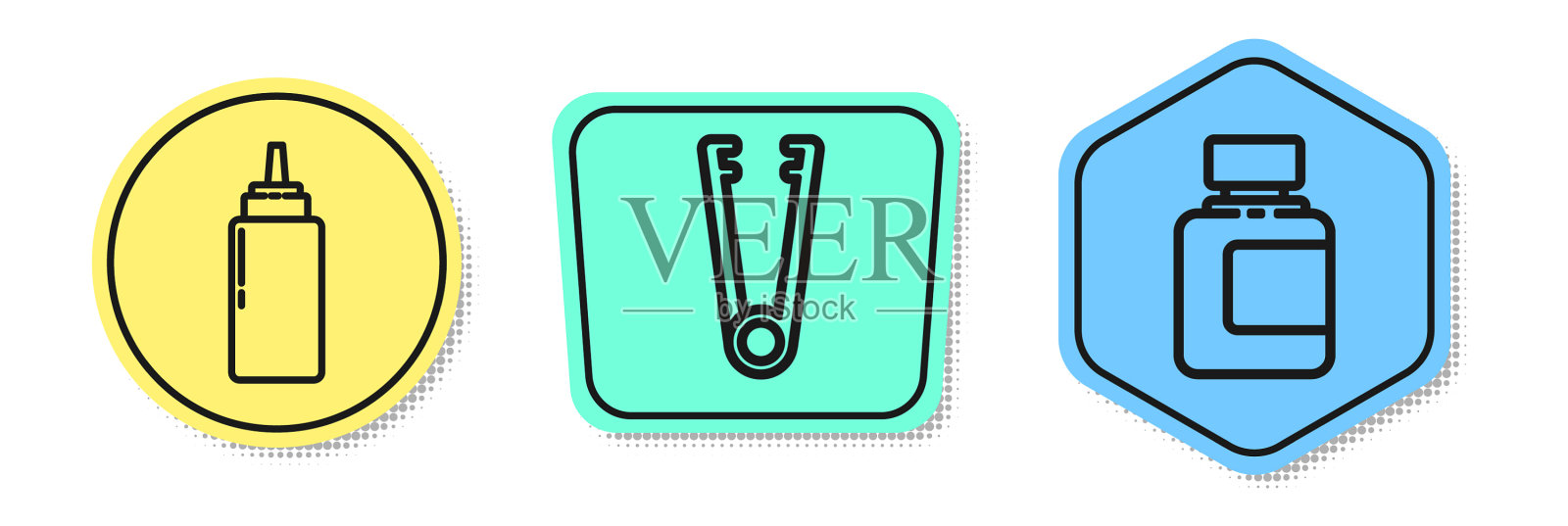 设酱料瓶、肉钳、酱料瓶等线图标素材