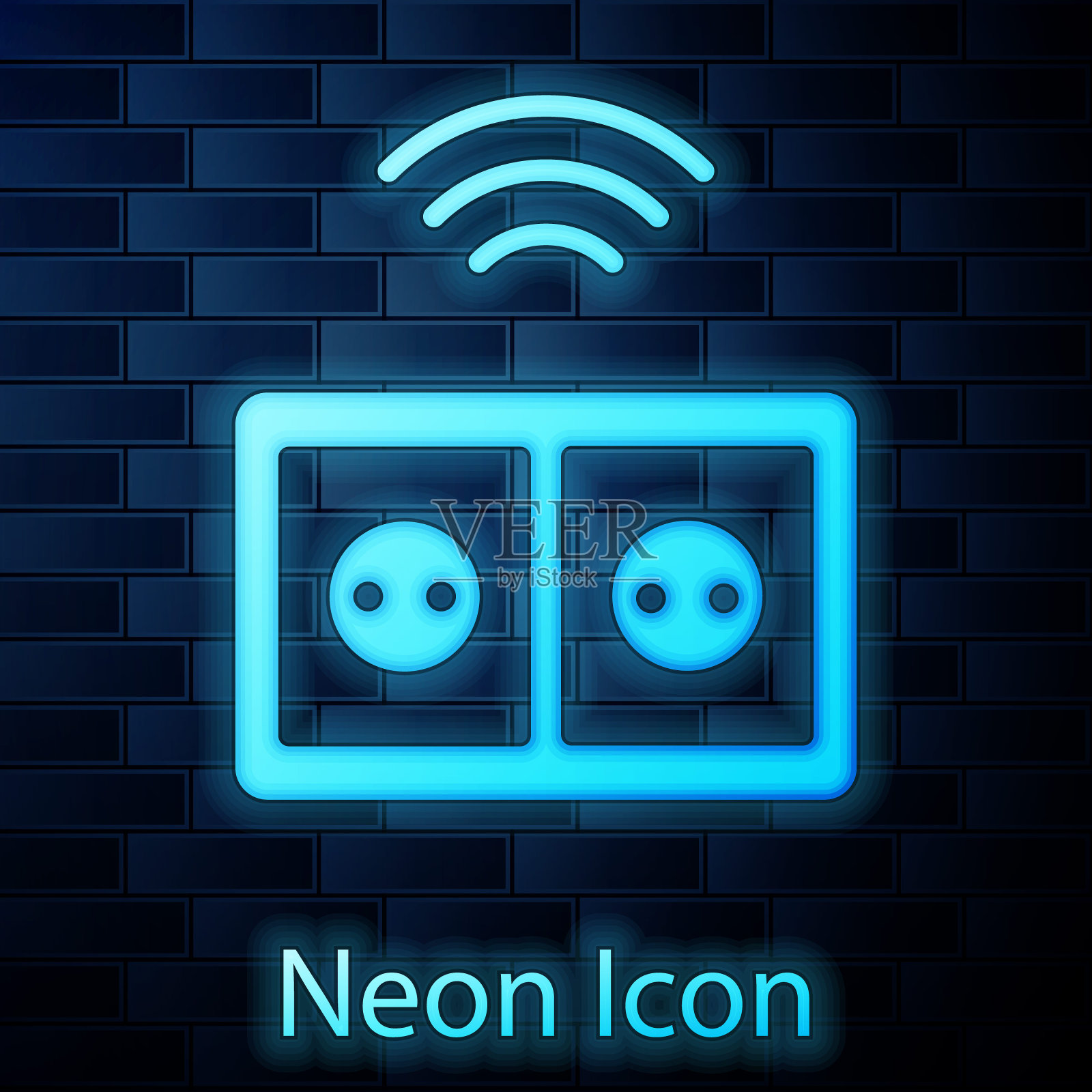 发光霓虹灯智能插座系统图标隔离在砖墙背景上。电源插座。物联网概念与无线连接。向量插画图片素材