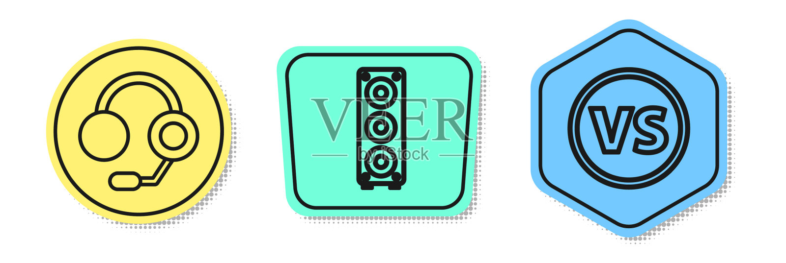 设线耳机、立体声扬声器和对讲机图标素材