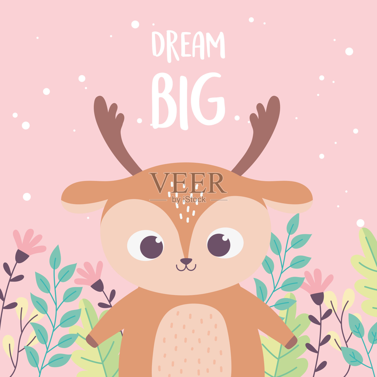 可爱的小鹿动物鲜花树枝励志短语卡通插画图片素材