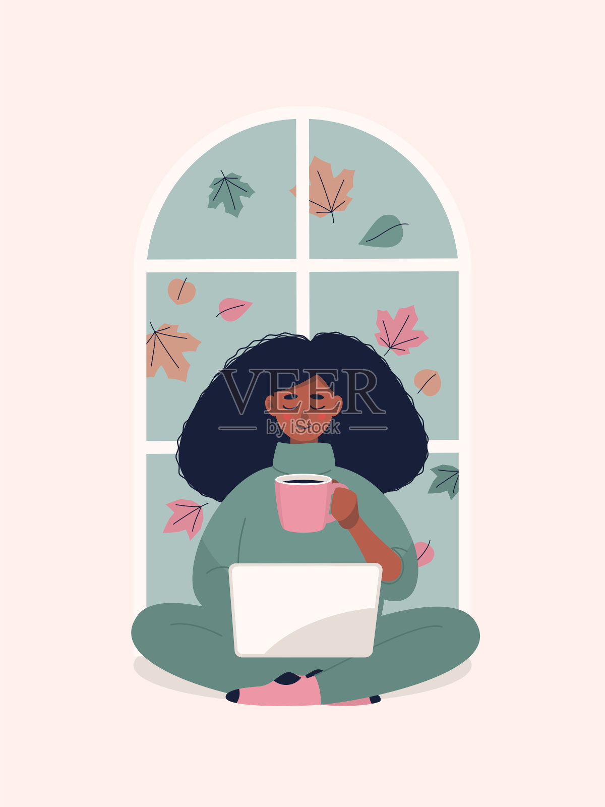 矢量非洲妇女喝一杯咖啡和工作的笔记本电脑与秋天的树叶窗插画图片素材