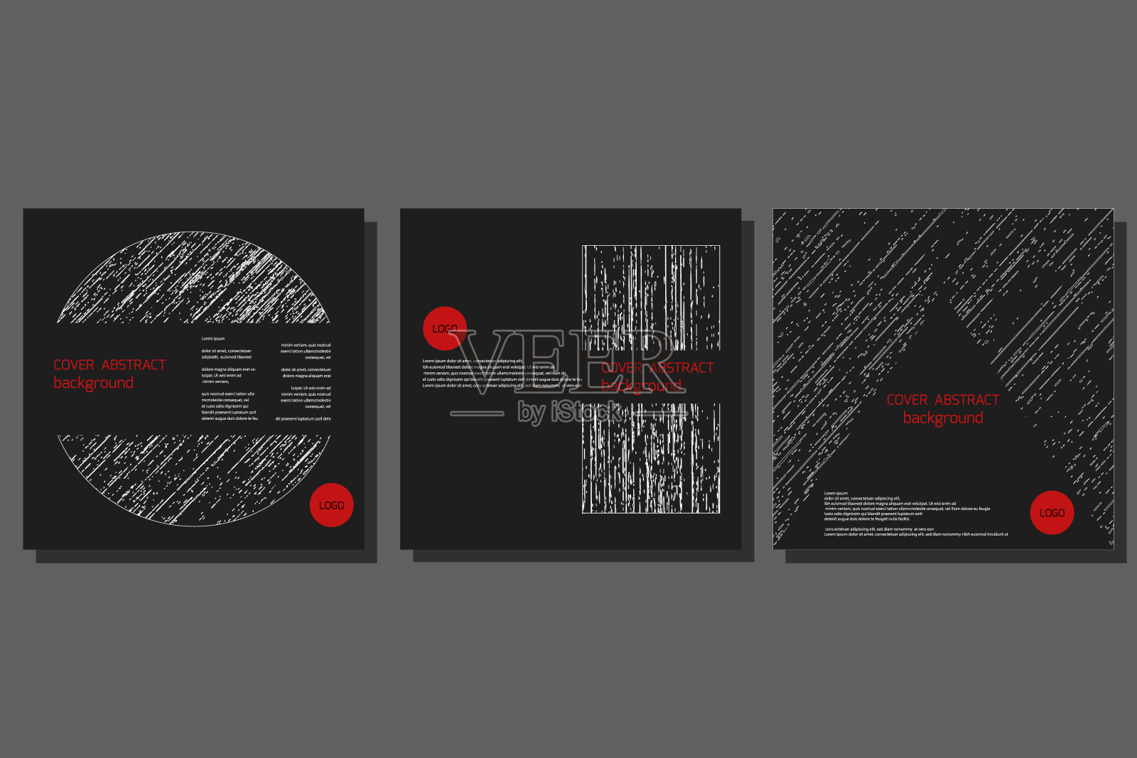 黑色方形图案，3个几何封面设计，红圈为公司标志。宣传册，传单，商业海报，矢量插图的排版设计插画图片素材