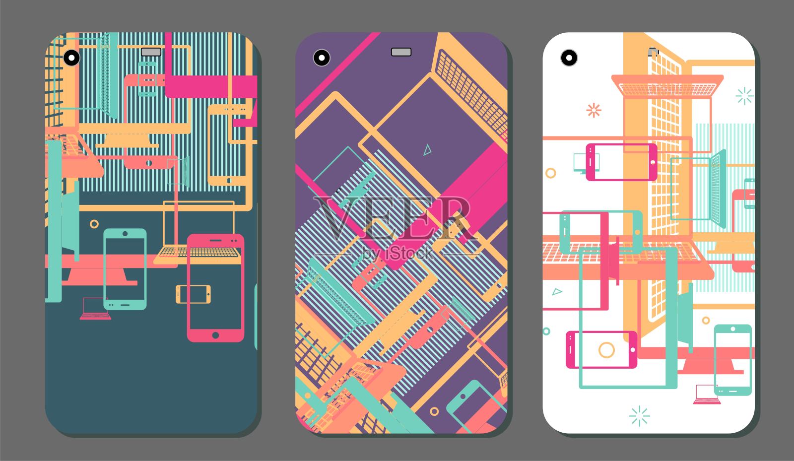 背景设置的移动电话与平板智能手机，电脑显示器，笔记本电脑。插画图片素材