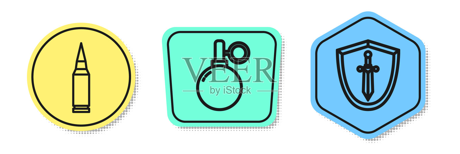 设置线子弹手榴弹和中世纪盾牌图标素材